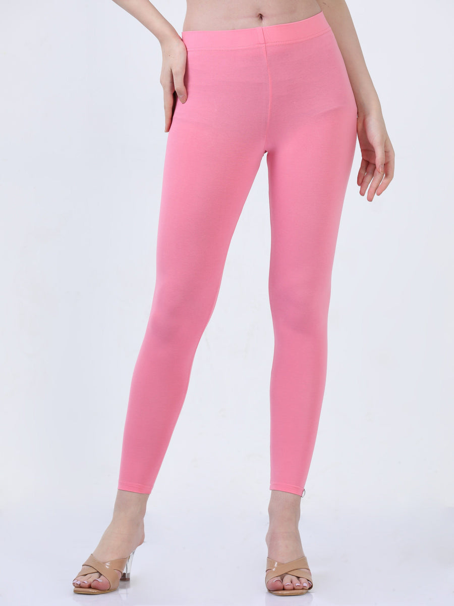 Baby Pink Solid Cotton Lycra Ankle Length Leggings