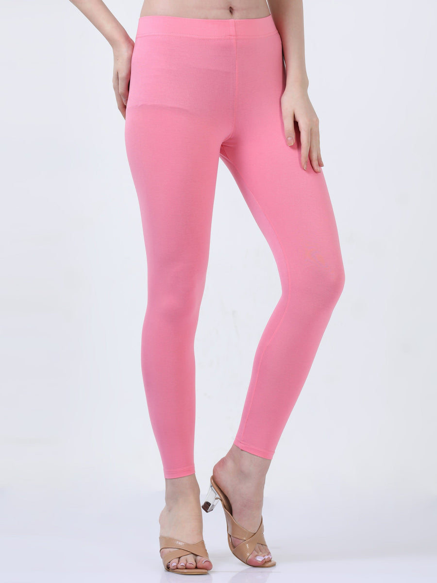 Baby Pink Solid Cotton Lycra Ankle Length Leggings