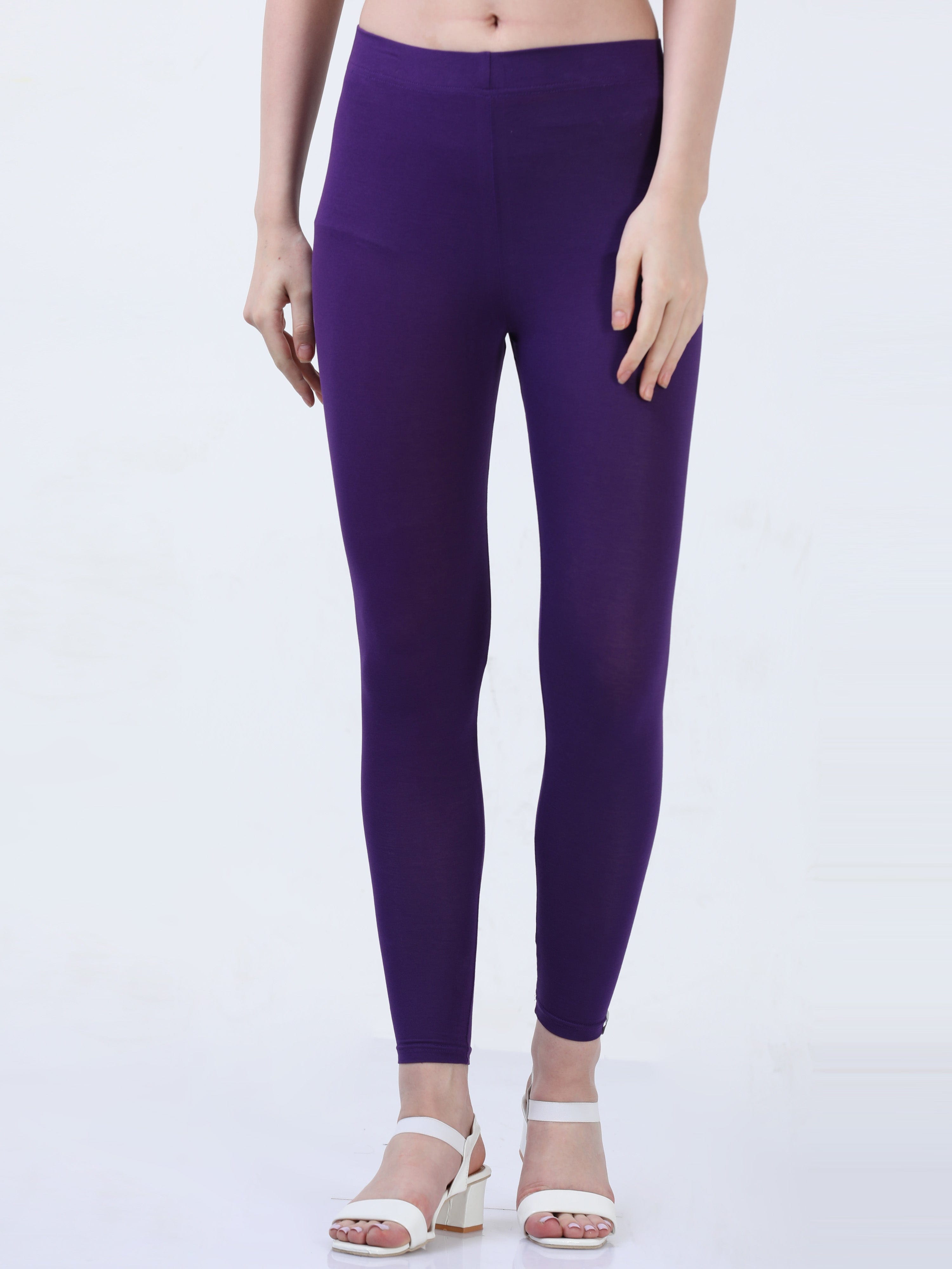 Purple Solid Cotton Lycra Ankle Length Leggings