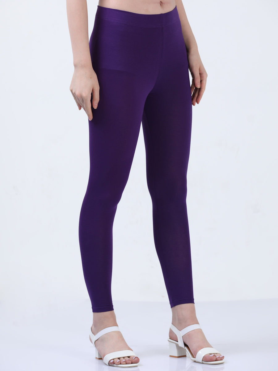 Purple Solid Cotton Lycra Ankle Length Leggings