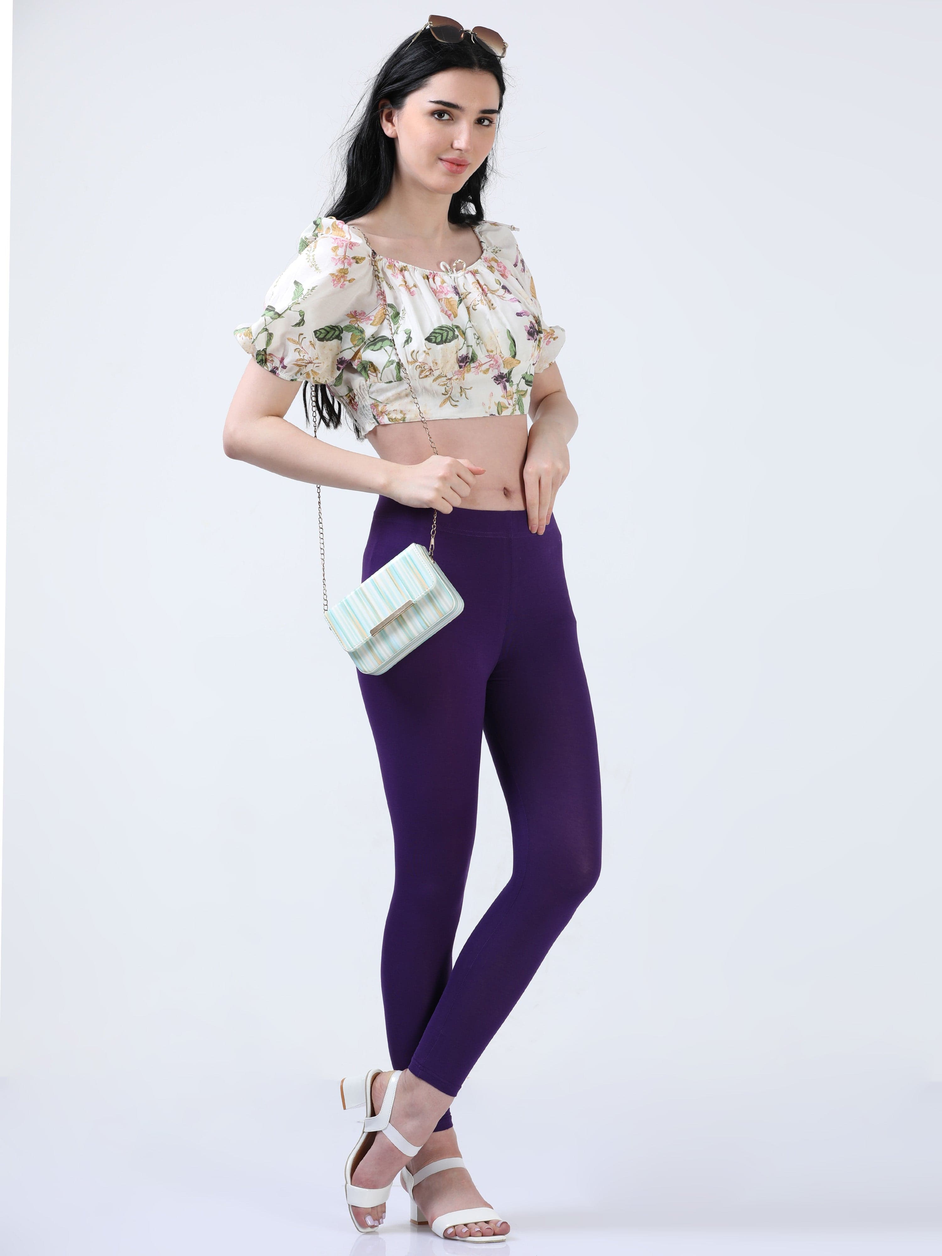 Purple Solid Cotton Lycra Ankle Length Leggings