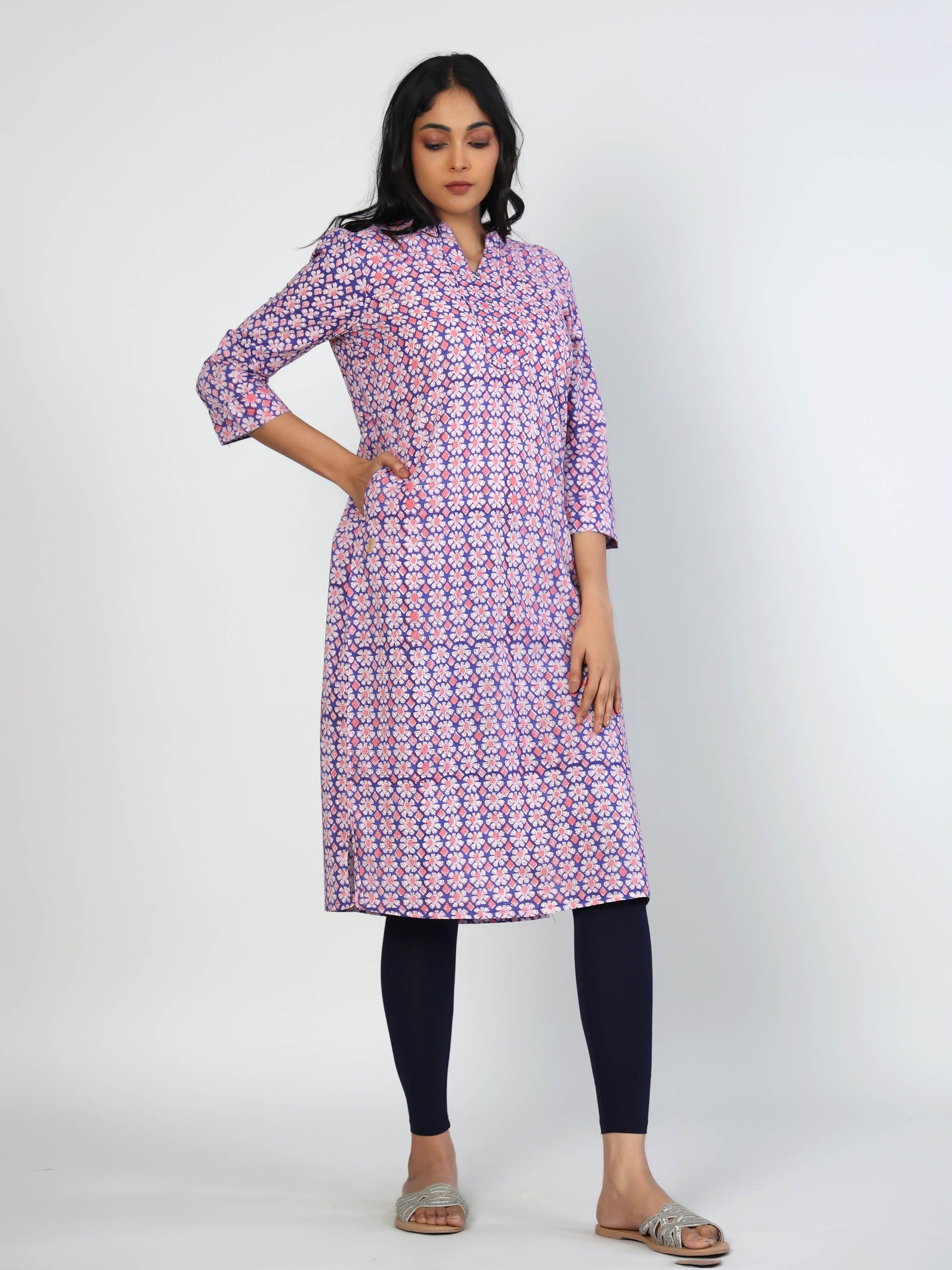 Blue 3/4th Sleeves Cotton Block print Calf length Kurta