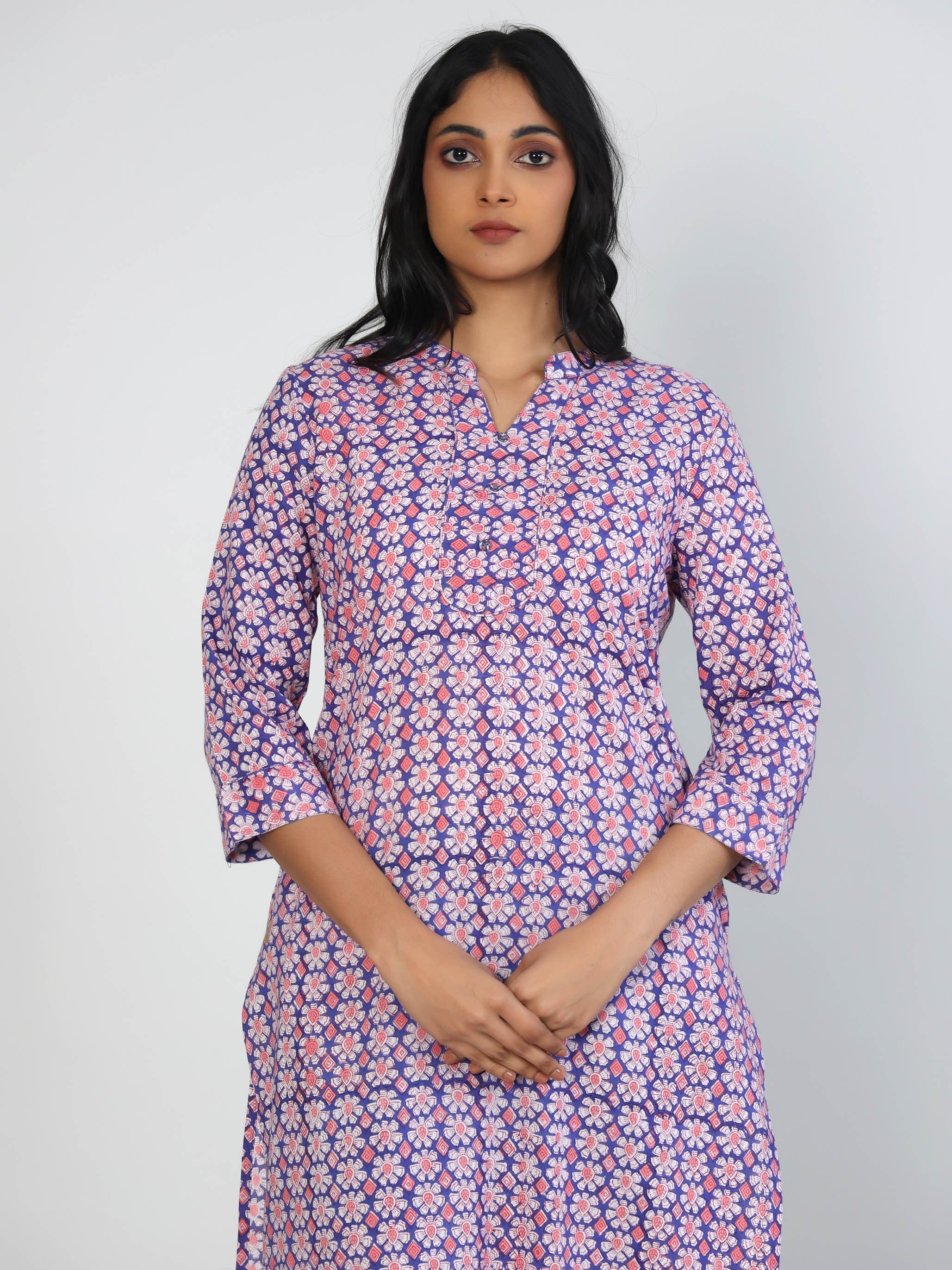 Blue 3/4th Sleeves Cotton Block print Calf length Kurta