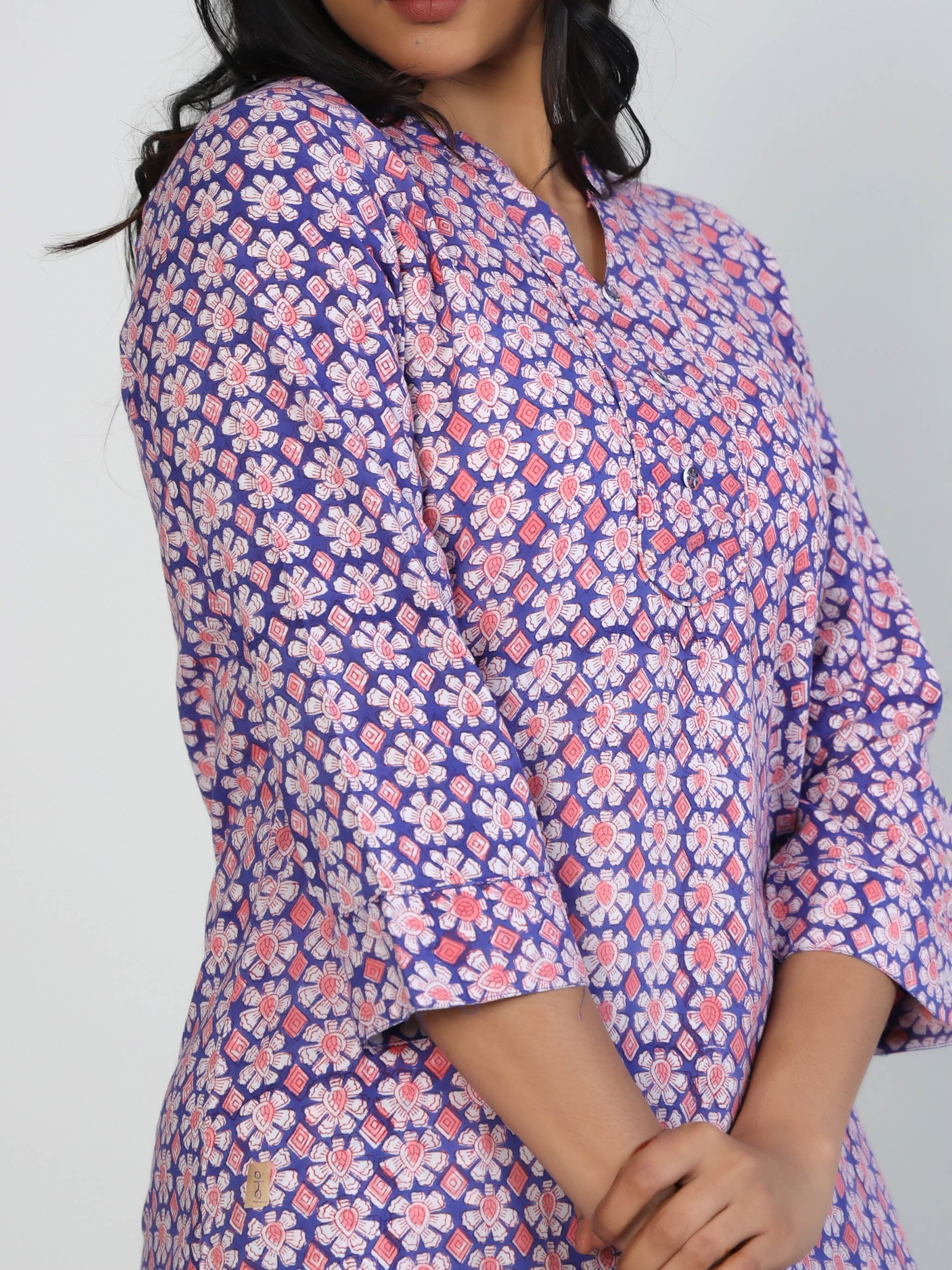 Blue 3/4th Sleeves Cotton Block print Calf length Kurta