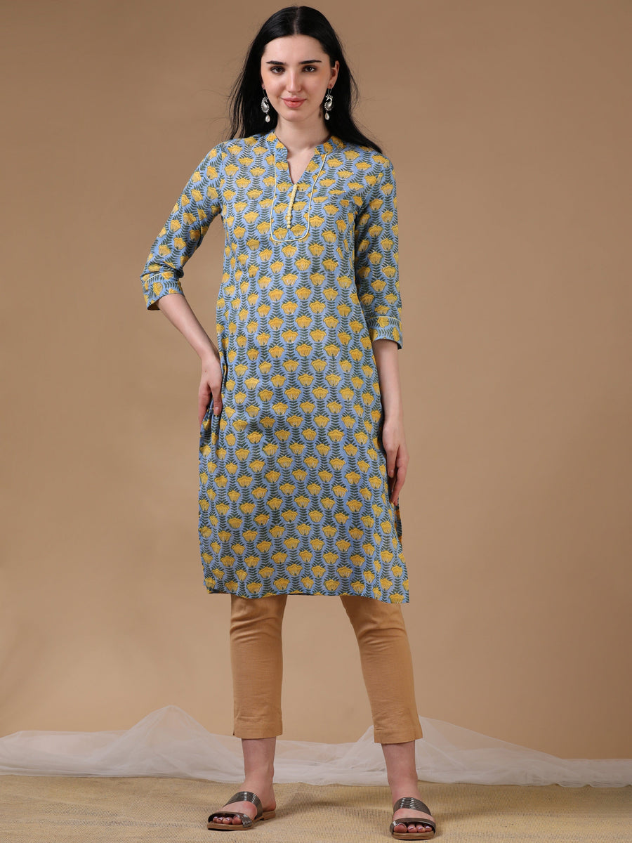 Blue 3/4th Regular Sleeve Block Print Straight Cut Kurta