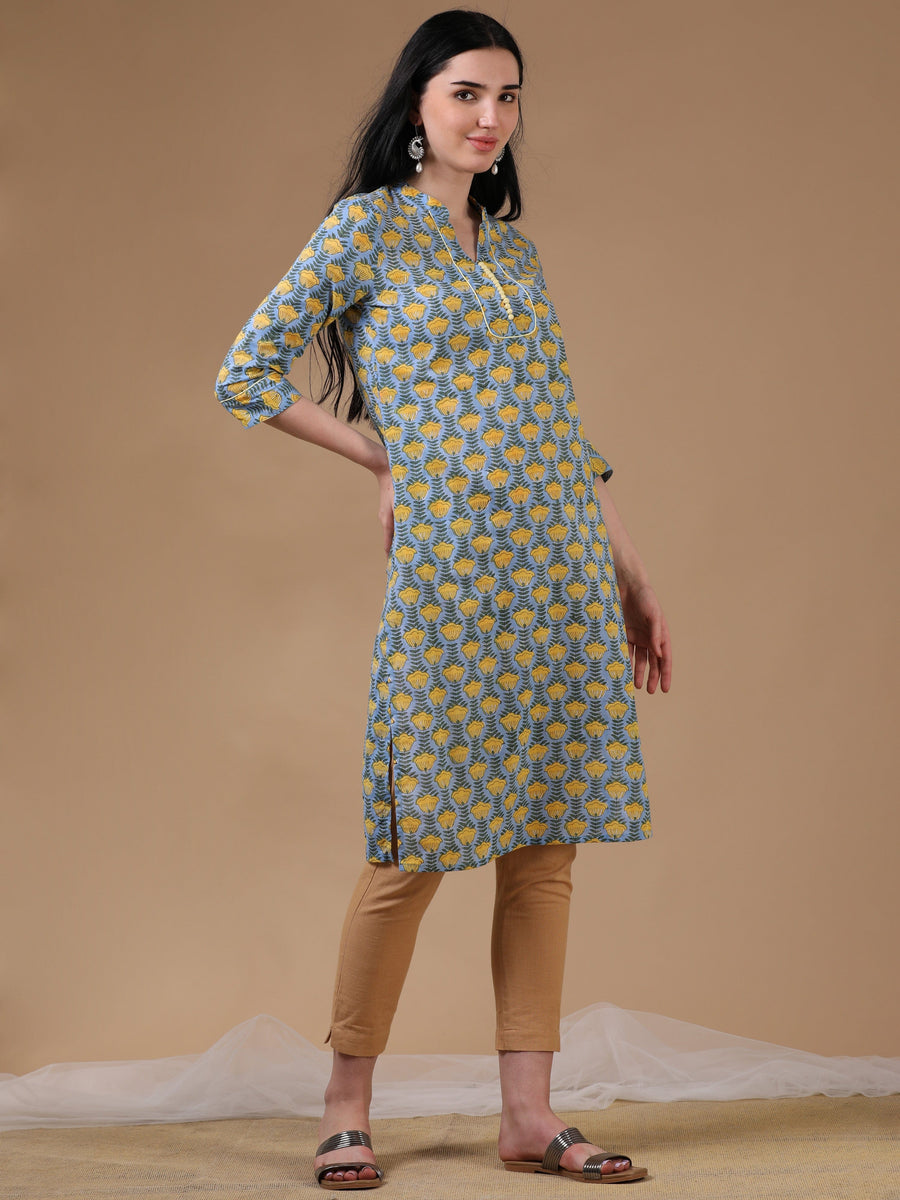 Blue 3/4th Regular Sleeve Block Print Straight Cut Kurta