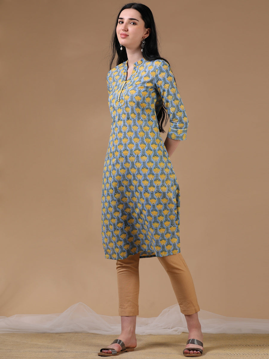 Blue 3/4th Regular Sleeve Block Print Straight Cut Kurta