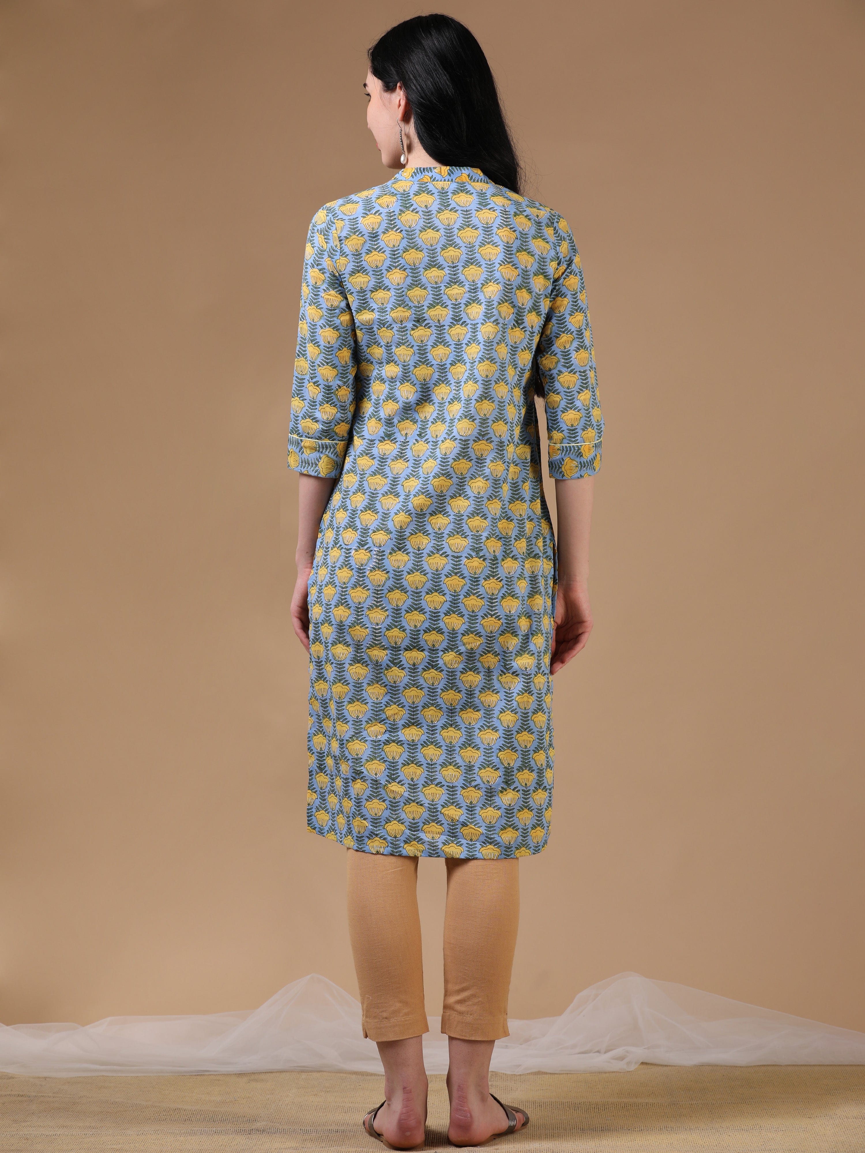 Blue 3/4th Regular Sleeve Block Print Straight Cut Kurta