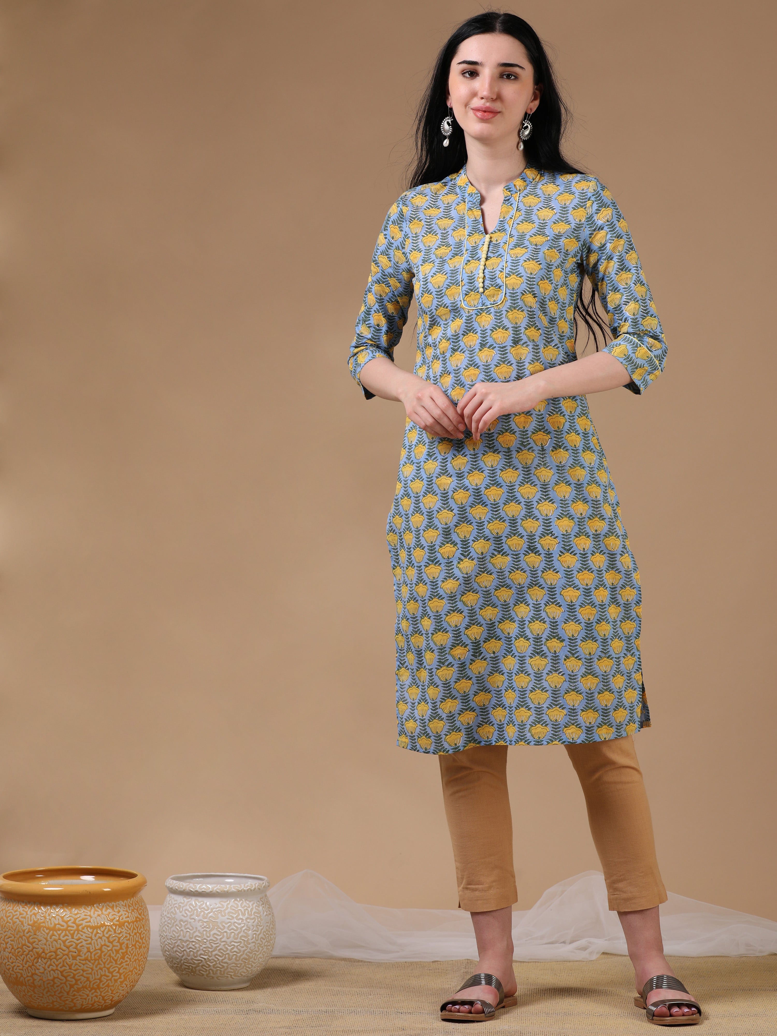 Blue 3/4th Regular Sleeve Block Print Straight Cut Kurta