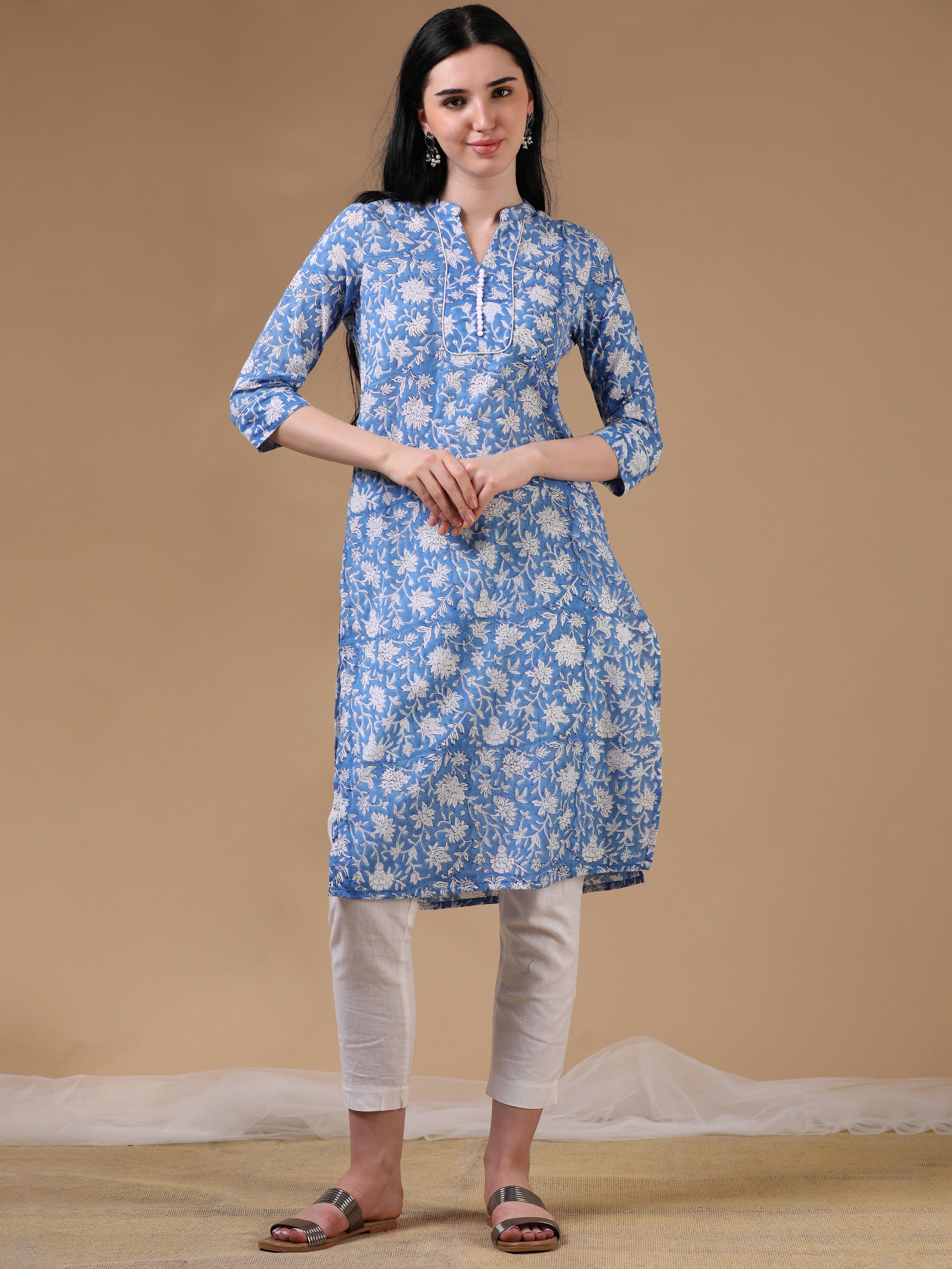 Indigo 3/4th Regular Sleeve Block Print Straight Cut Kurta