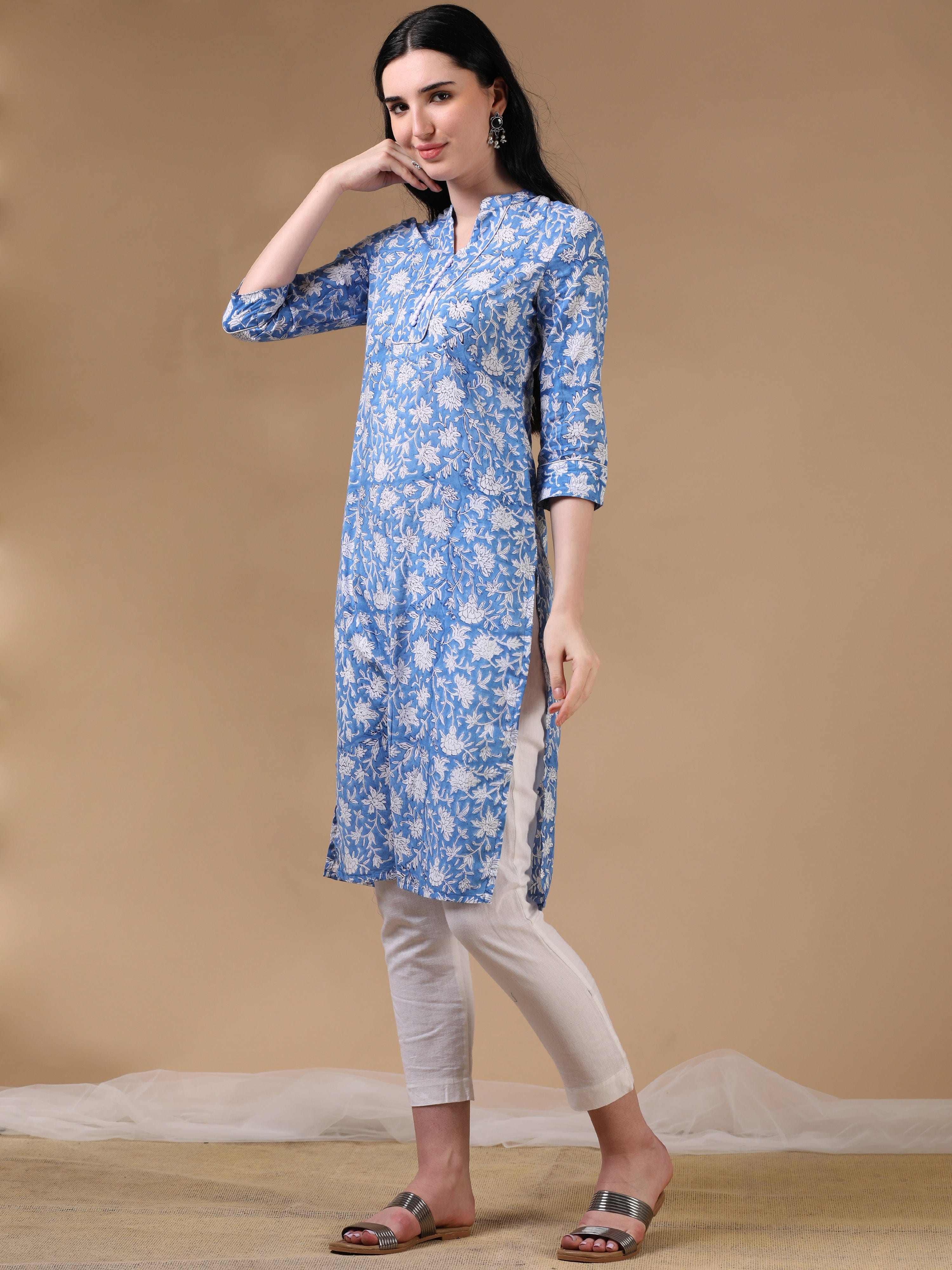 Indigo 3/4th Regular Sleeve Block Print Straight Cut Kurta