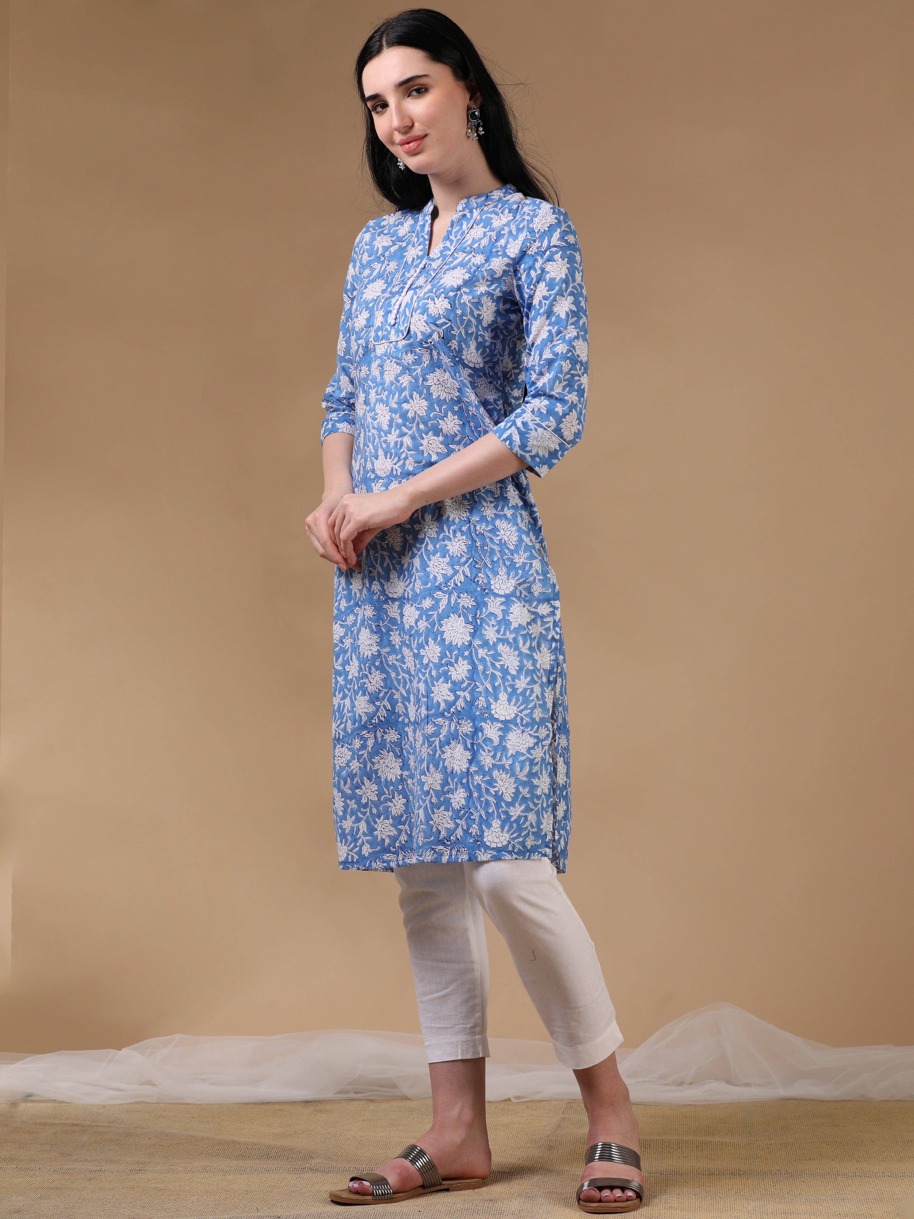 Indigo 3/4th Regular Sleeve Block Print Straight Cut Kurta