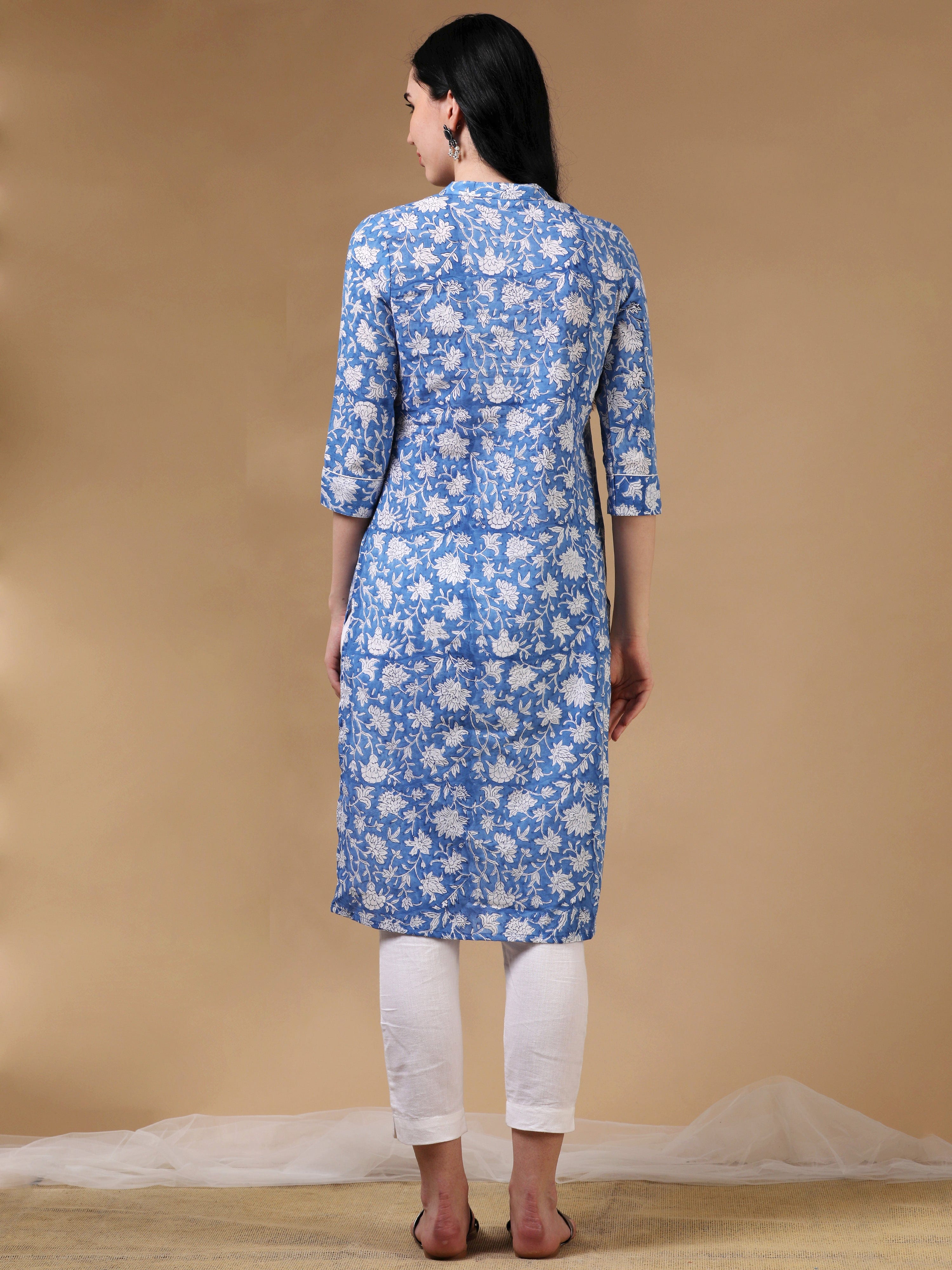 Indigo 3/4th Regular Sleeve Block Print Straight Cut Kurta