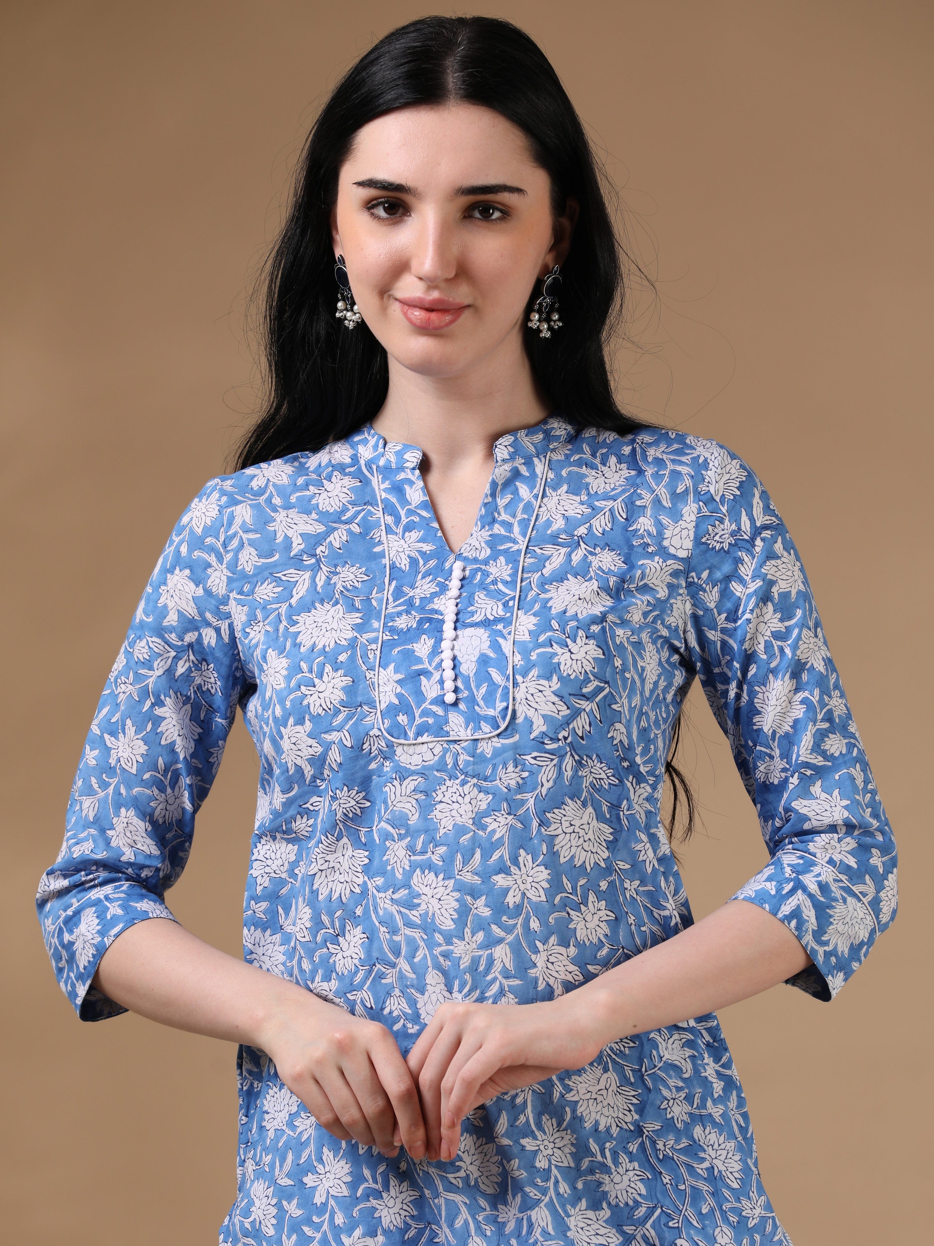 Indigo 3/4th Regular Sleeve Block Print Straight Cut Kurta