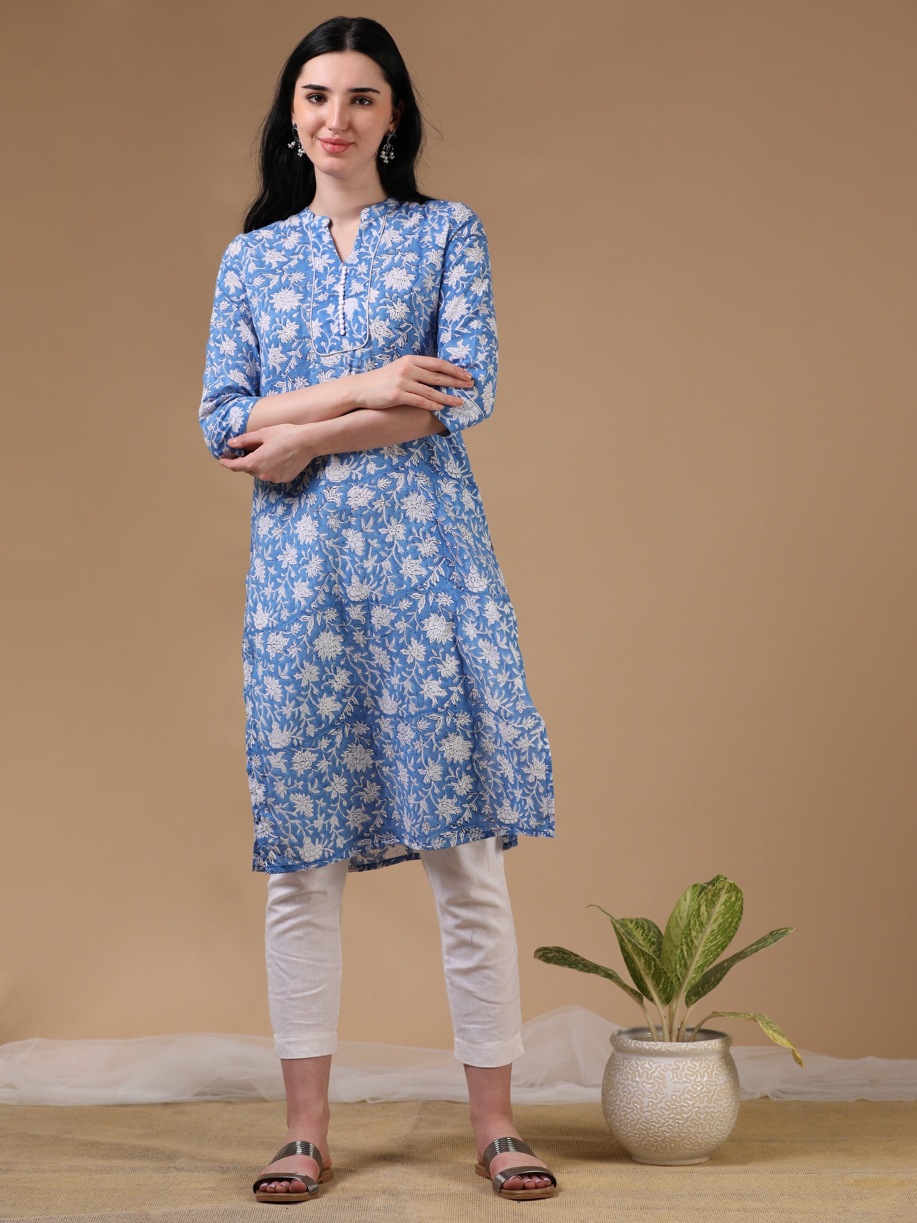 Indigo 3/4th Regular Sleeve Block Print Straight Cut Kurta