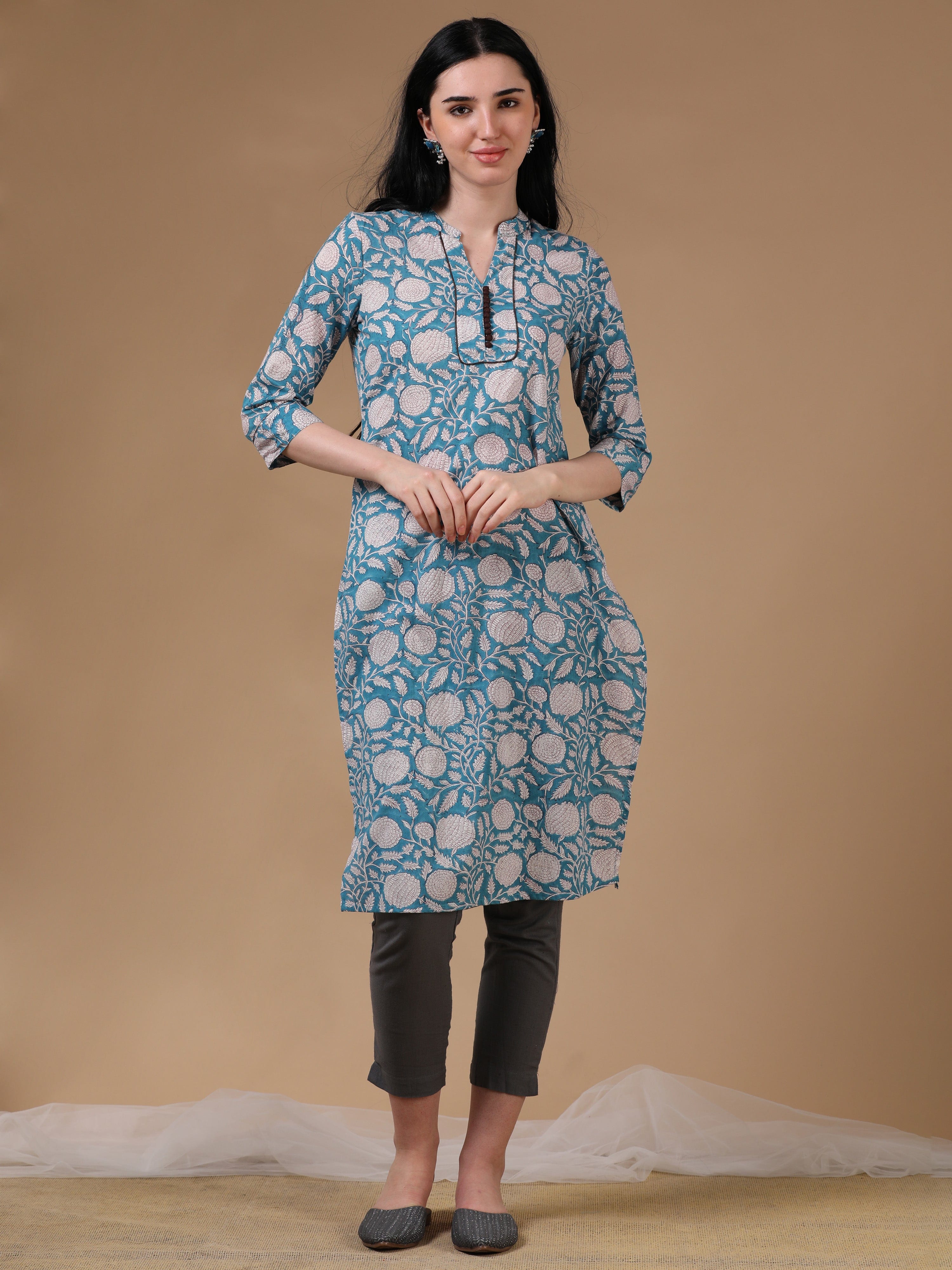 Light Blue 3/4th Regular Sleeve Block Print Straight Cut Kurta