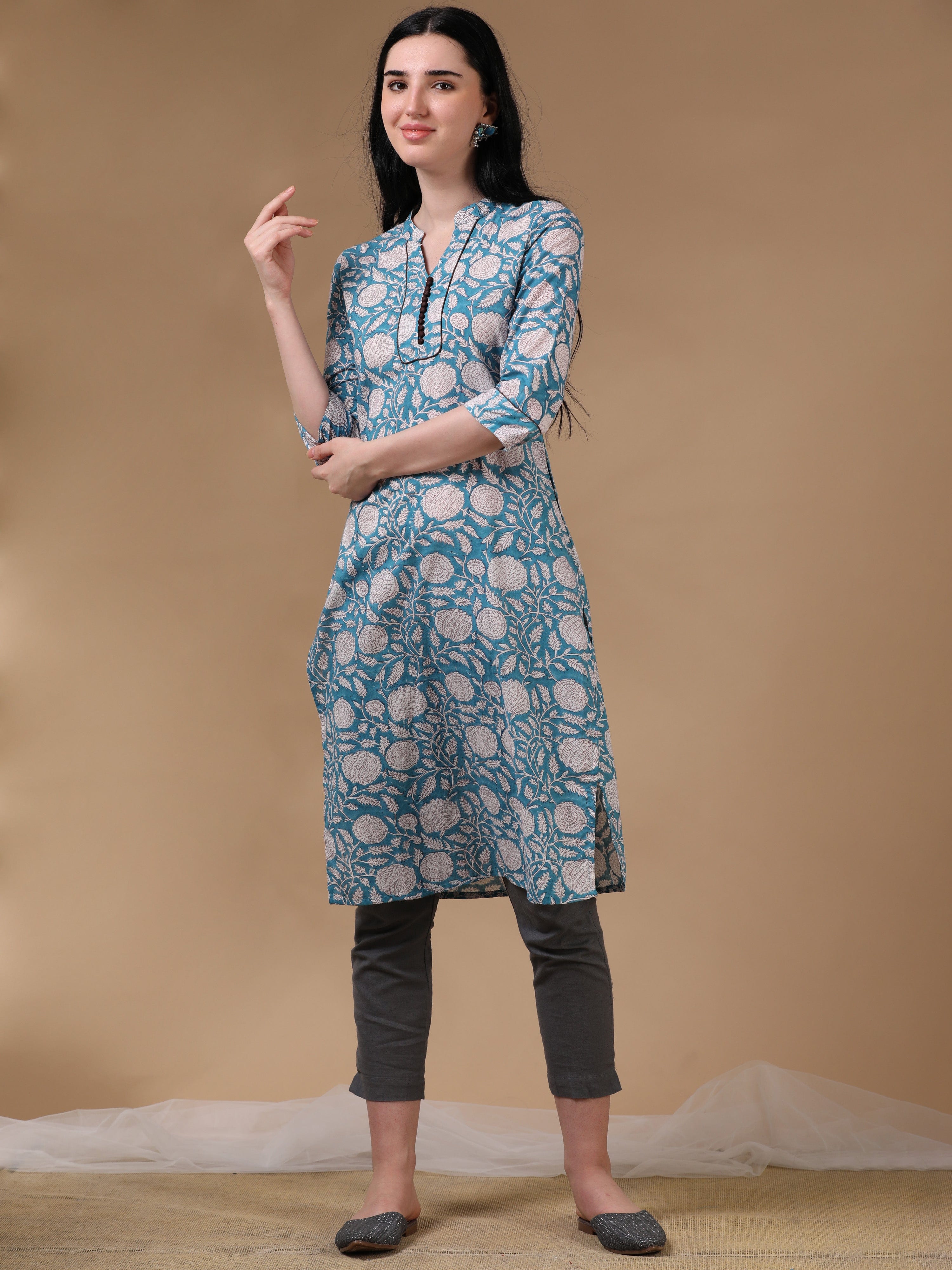 Light Blue 3/4th Regular Sleeve Block Print Straight Cut Kurta