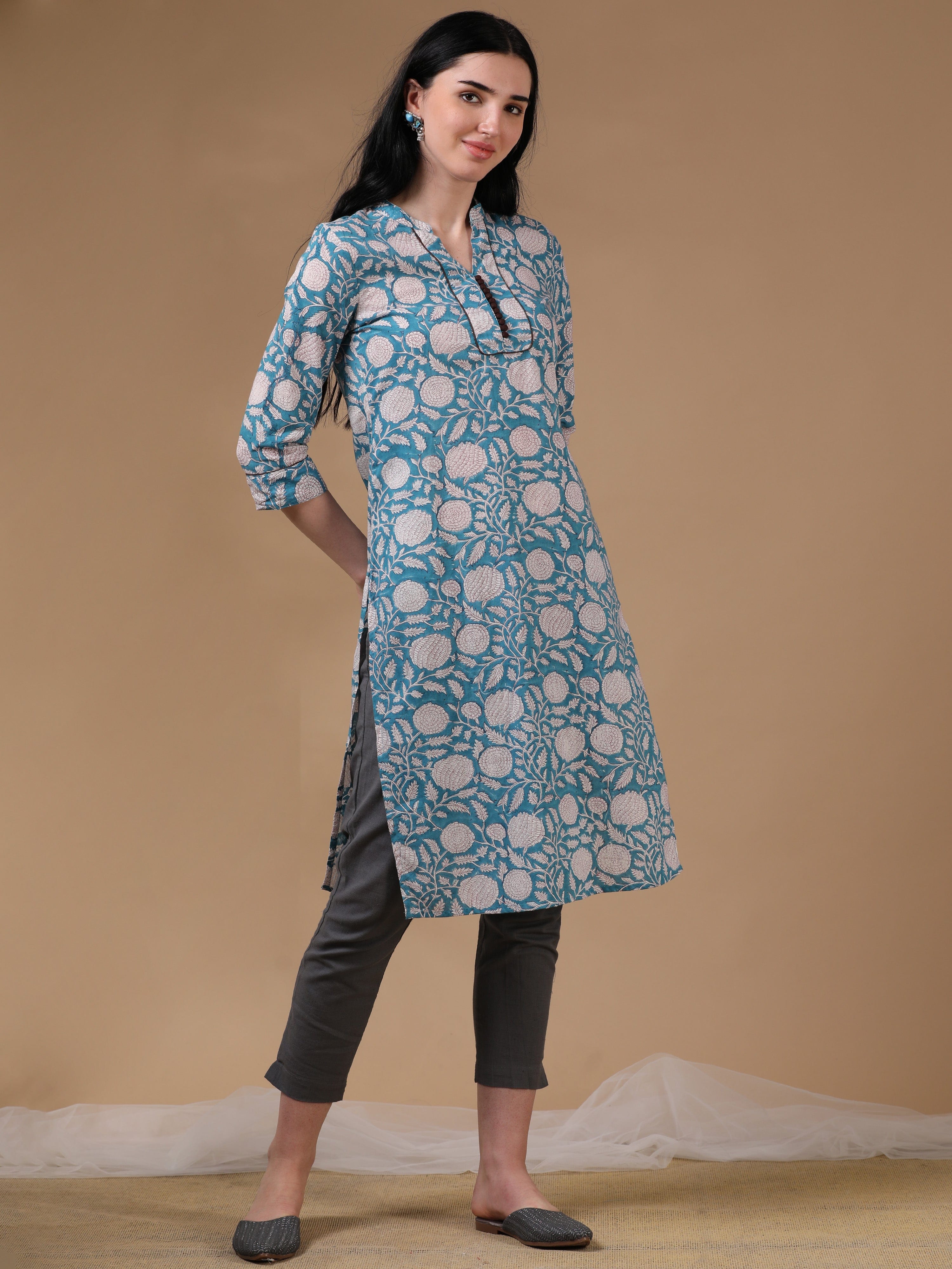 Light Blue 3/4th Regular Sleeve Block Print Straight Cut Kurta
