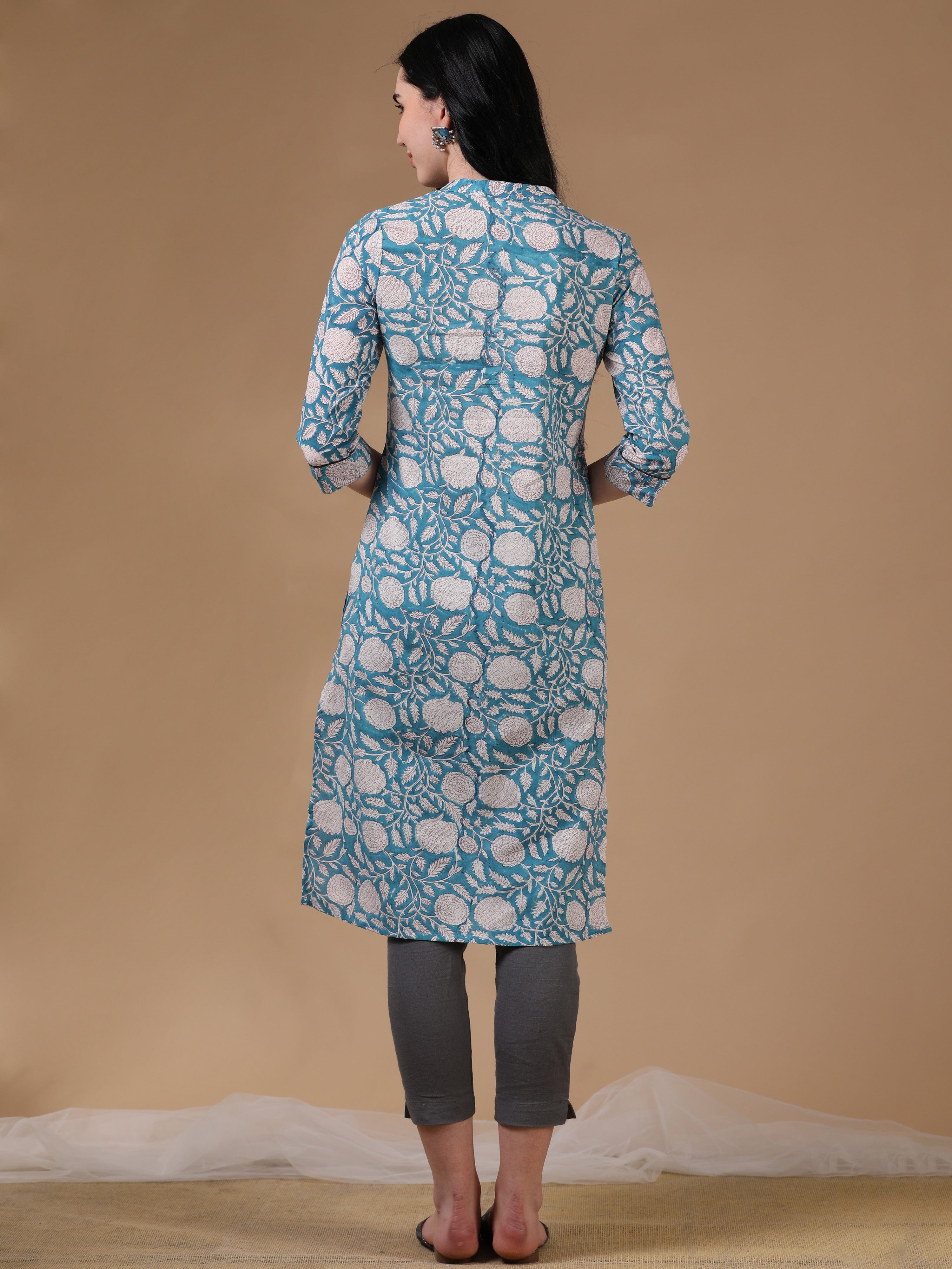 Light Blue 3/4th Regular Sleeve Block Print Straight Cut Kurta