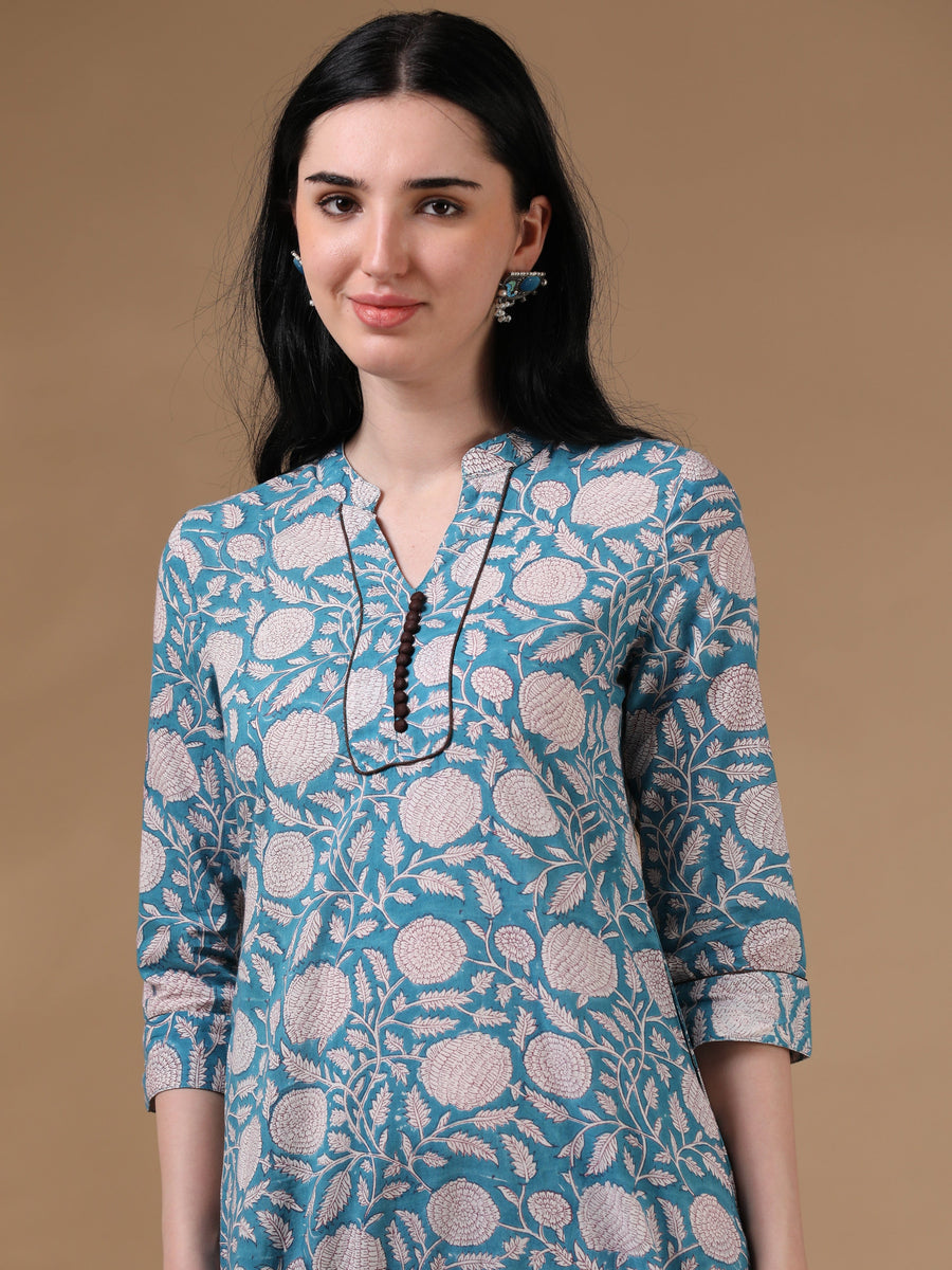 Light Blue 3/4th Regular Sleeve Block Print Straight Cut Kurta