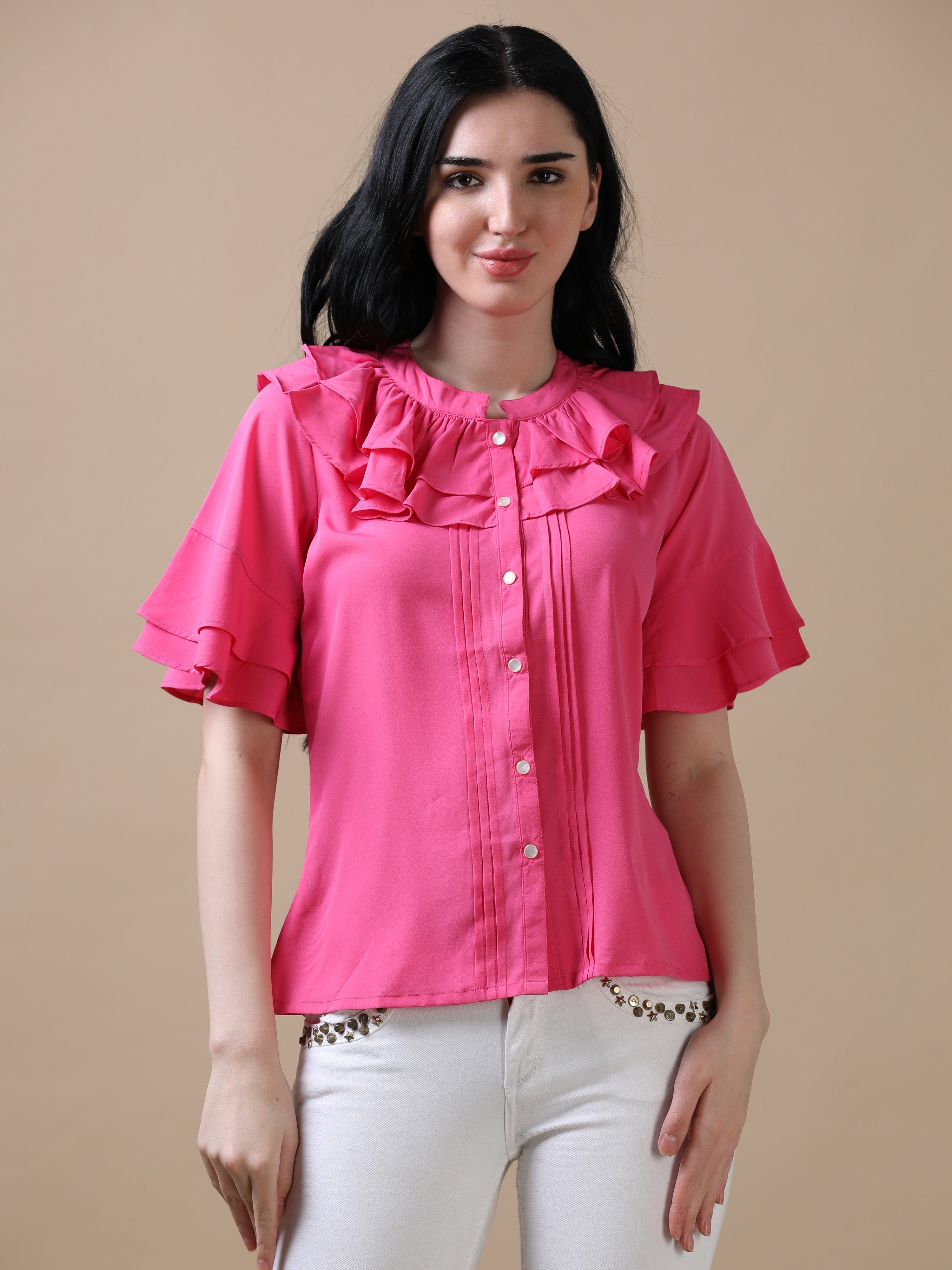 Pink Flared Sleeve Solid A-Line Top