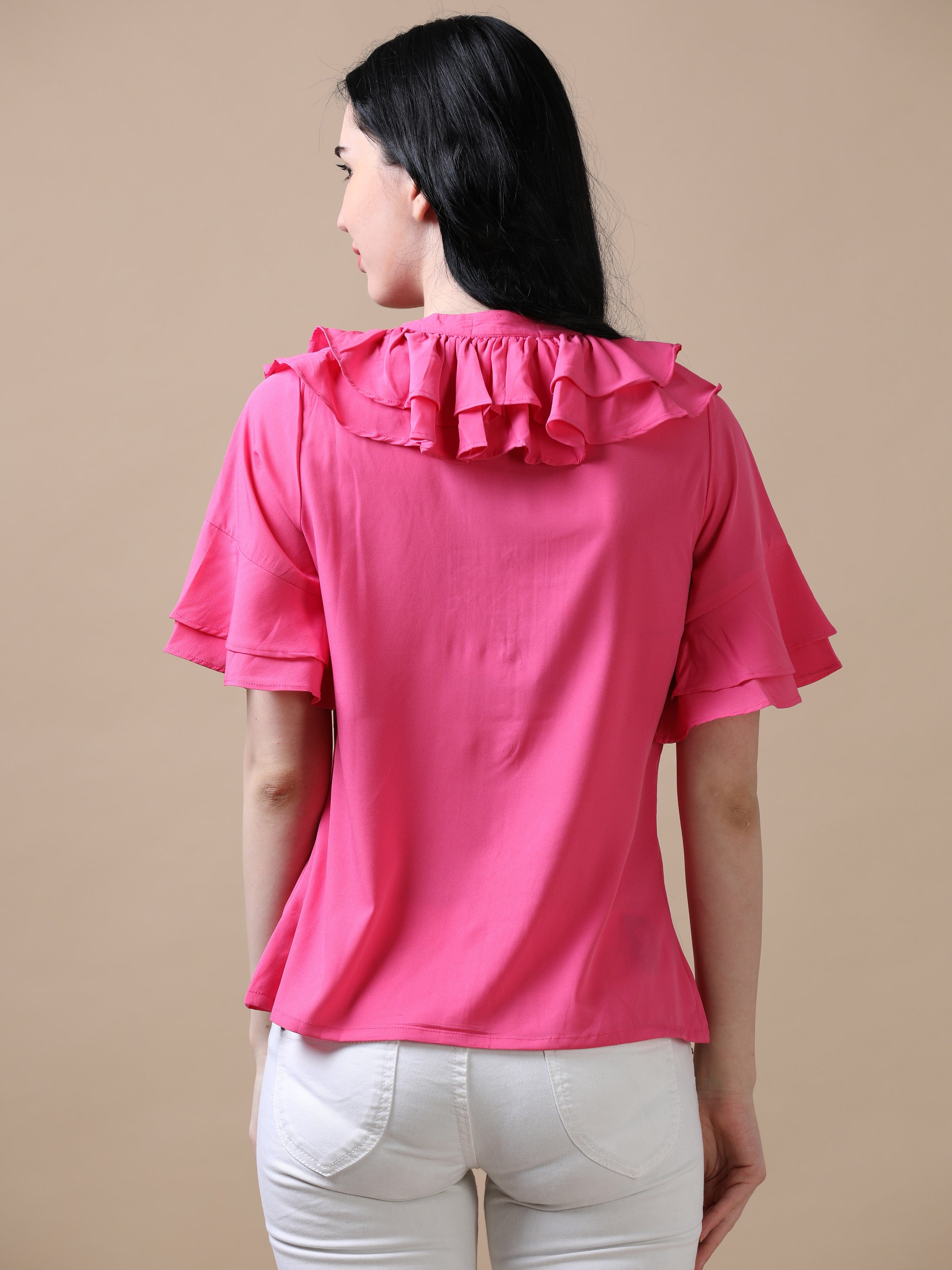 Pink Flared Sleeve Solid A-Line Top