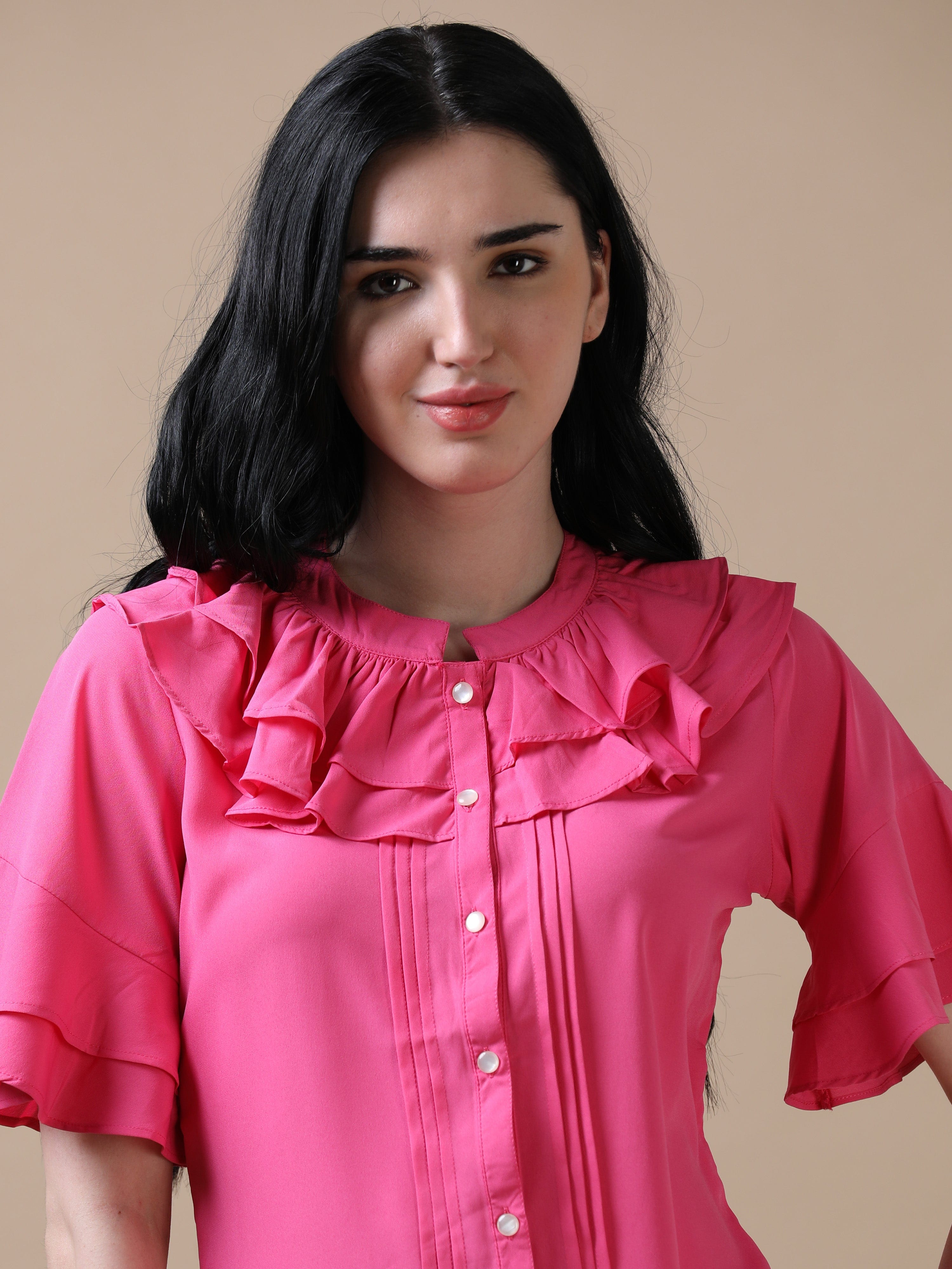 Pink Flared Sleeve Solid A-Line Top