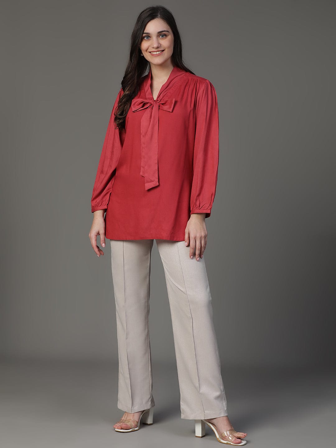 Maroon Puff Sleeve Solid A-Line Top