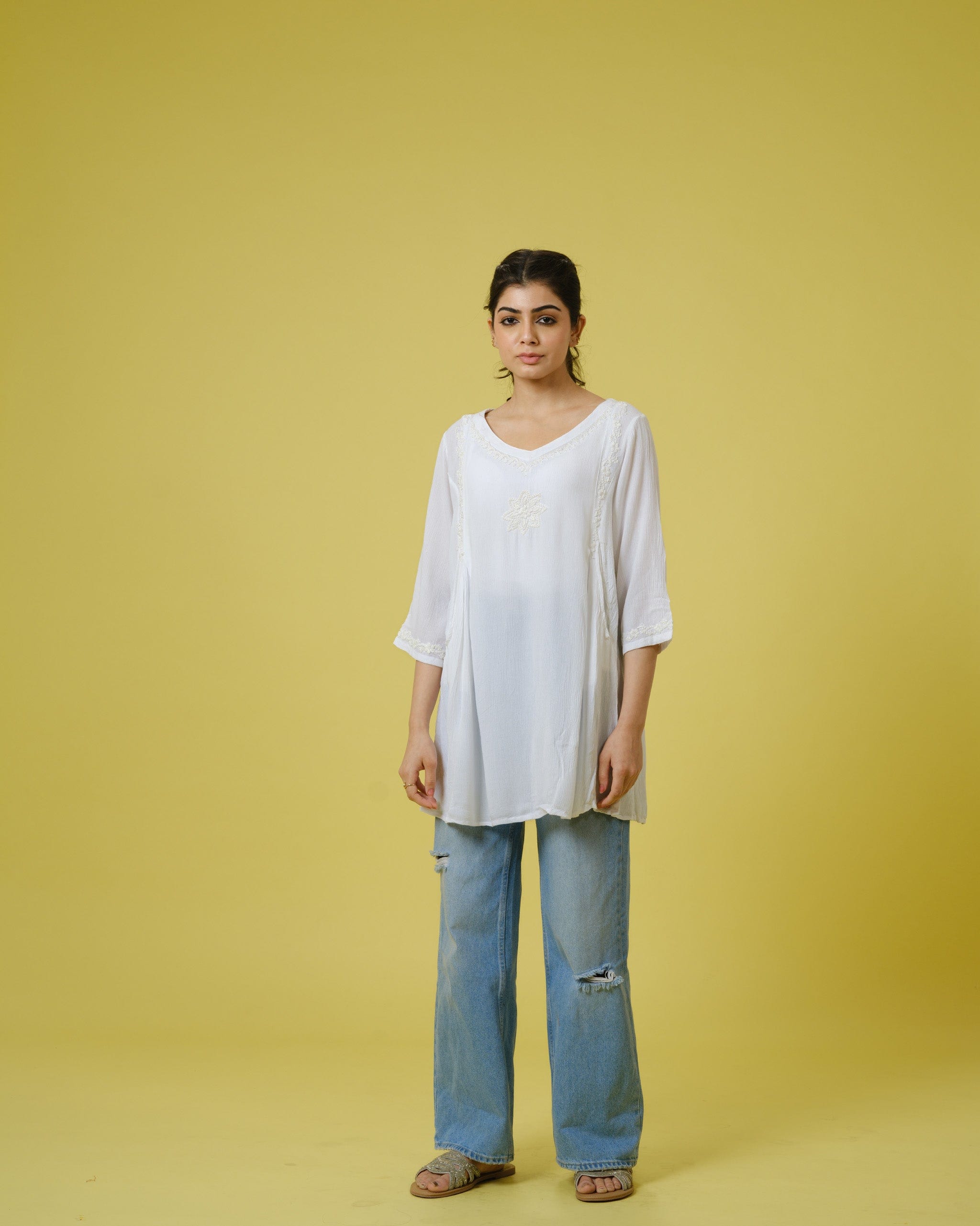 Off White 3/4th Sleeves Chiffon Tonal Floral Thread Work Hip Length Top