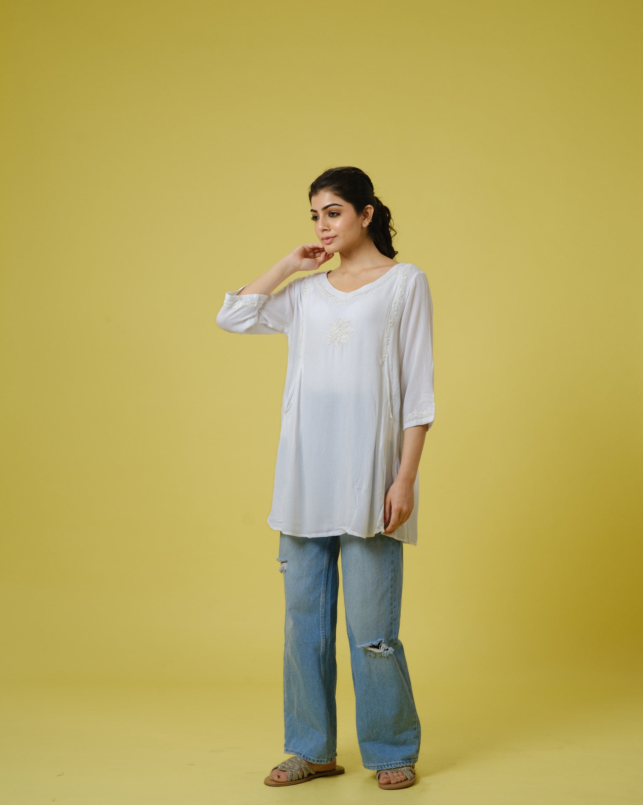 Off White 3/4th Sleeves Chiffon Tonal Floral Thread Work Hip Length Top