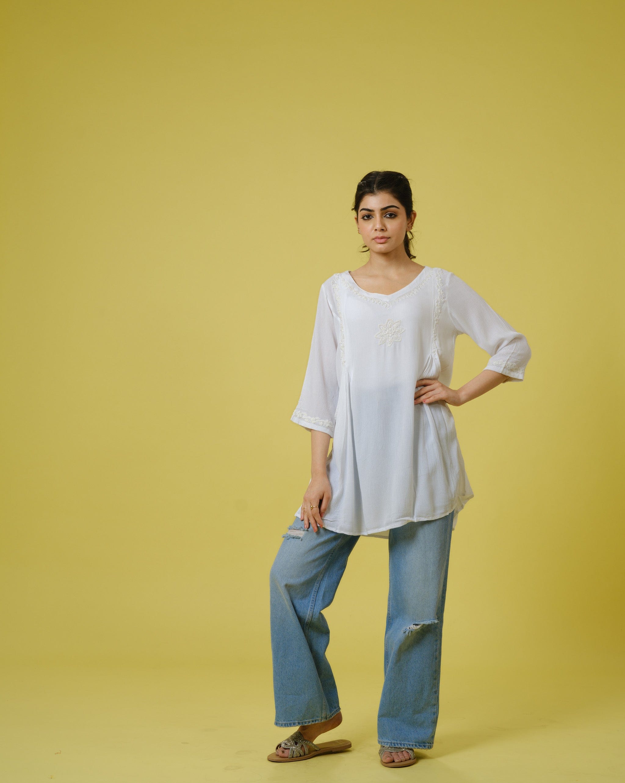 Off White 3/4th Sleeves Chiffon Tonal Floral Thread Work Hip Length Top