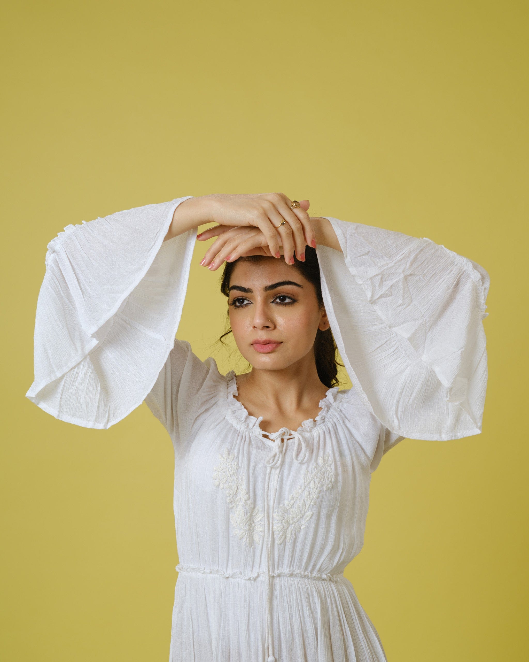 Off White 3/4th Sleeves Chiffon Tonal Floral Thread Work Hip Length Top