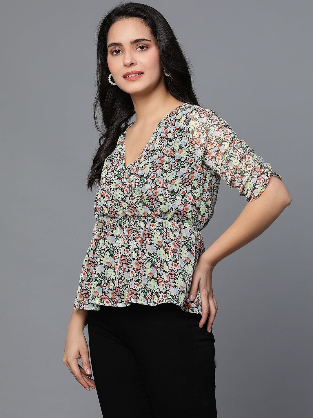 Black Floral 3/4th Sleeve Puff Top