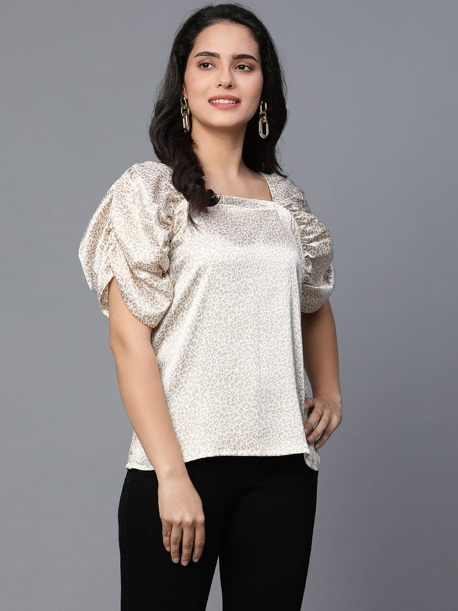 Beige Satin Elbow Sleeves Party Top