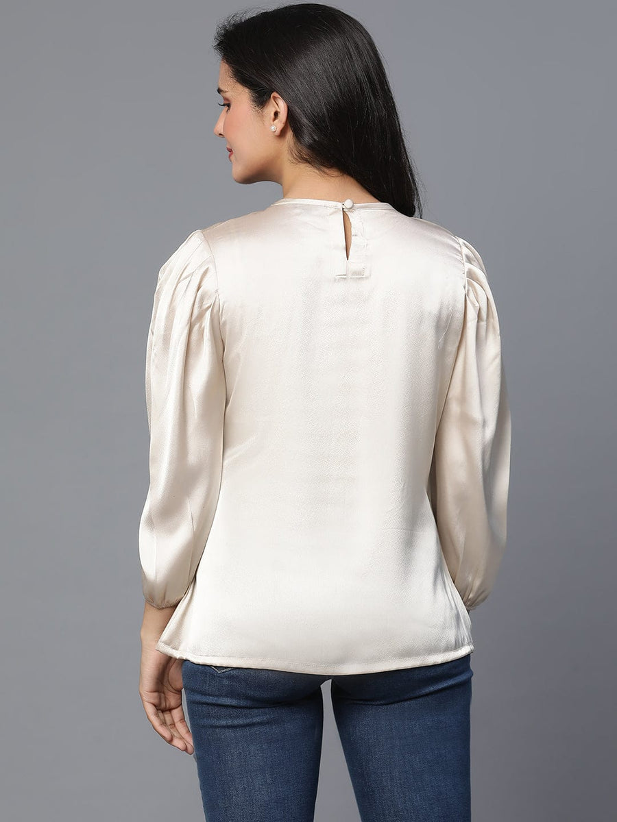 Beige Satin 3/4th Puff Sleeve Party Top