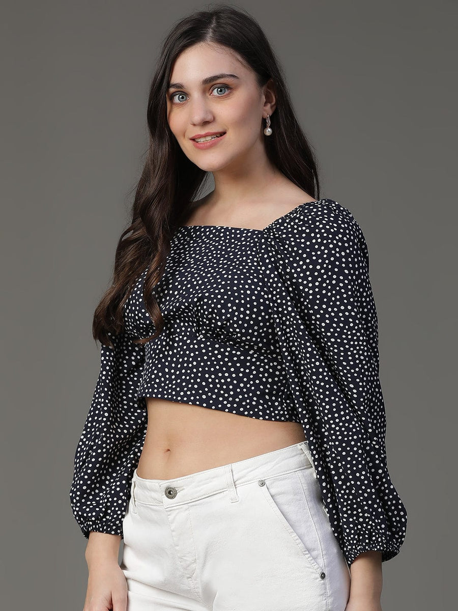 Navy Polka Dot 3/4th Puff Sleeve Casual Top