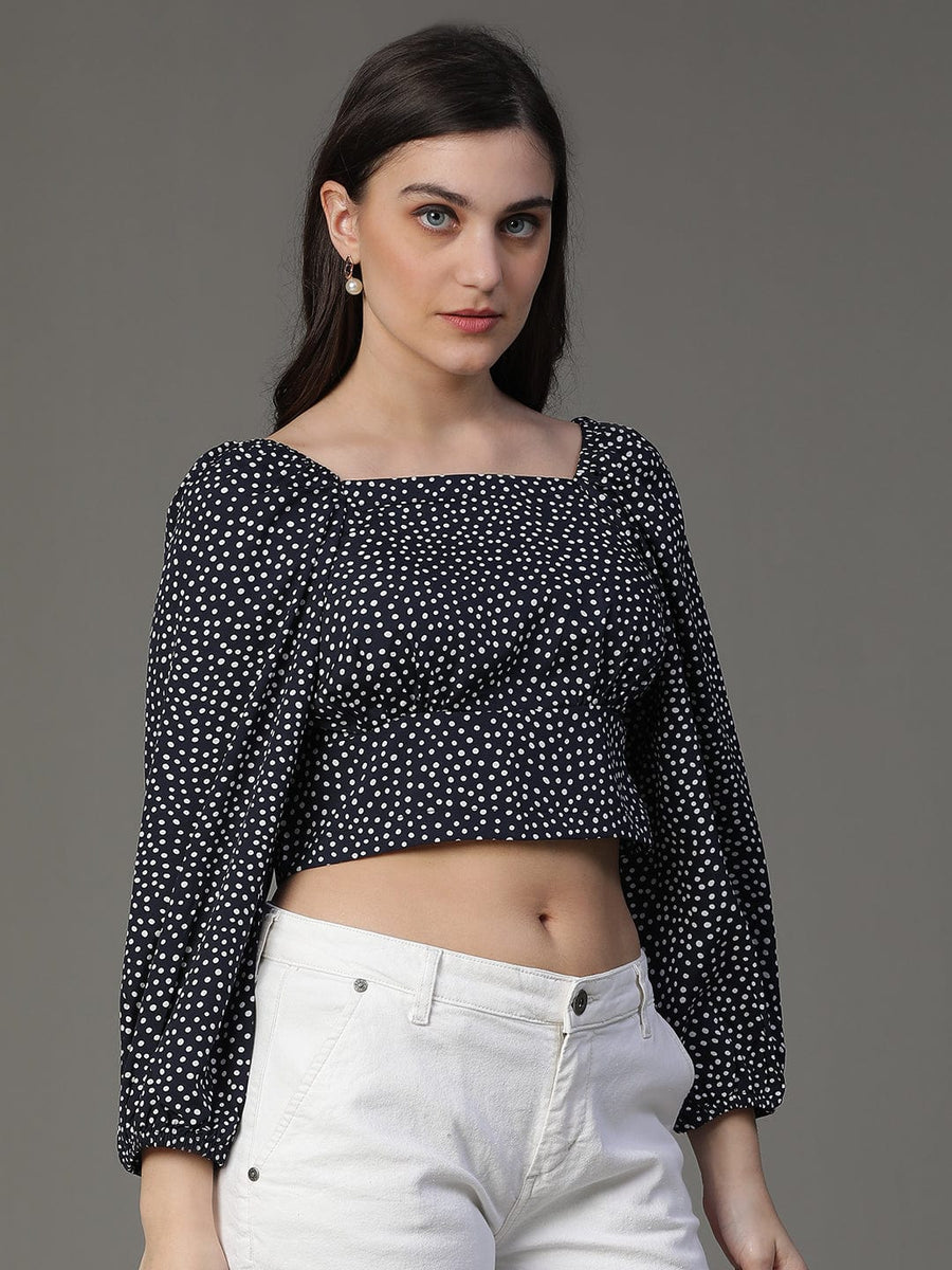 Navy Polka Dot 3/4th Puff Sleeve Casual Top