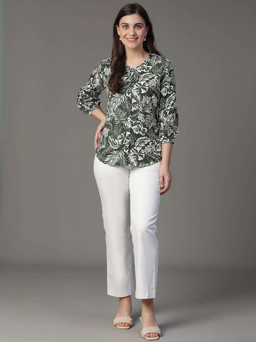 Dark Green 3/4th Sleeve Floral Print Casual Top