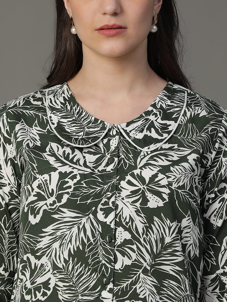 Dark Green 3/4th Sleeve Floral Print Casual Top