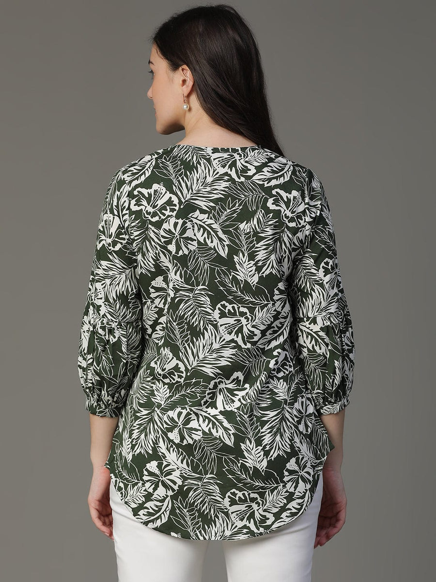 Dark Green 3/4th Sleeve Floral Print Casual Top