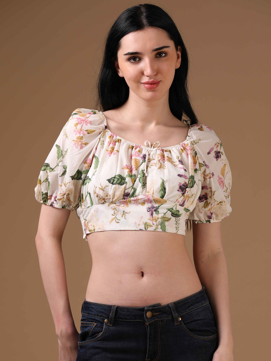 Off-White Elbow Sleeve Floral Print Casual Top