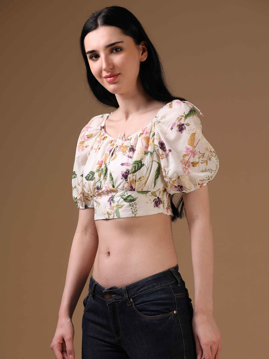 Off-White Elbow Sleeve Floral Print Casual Top