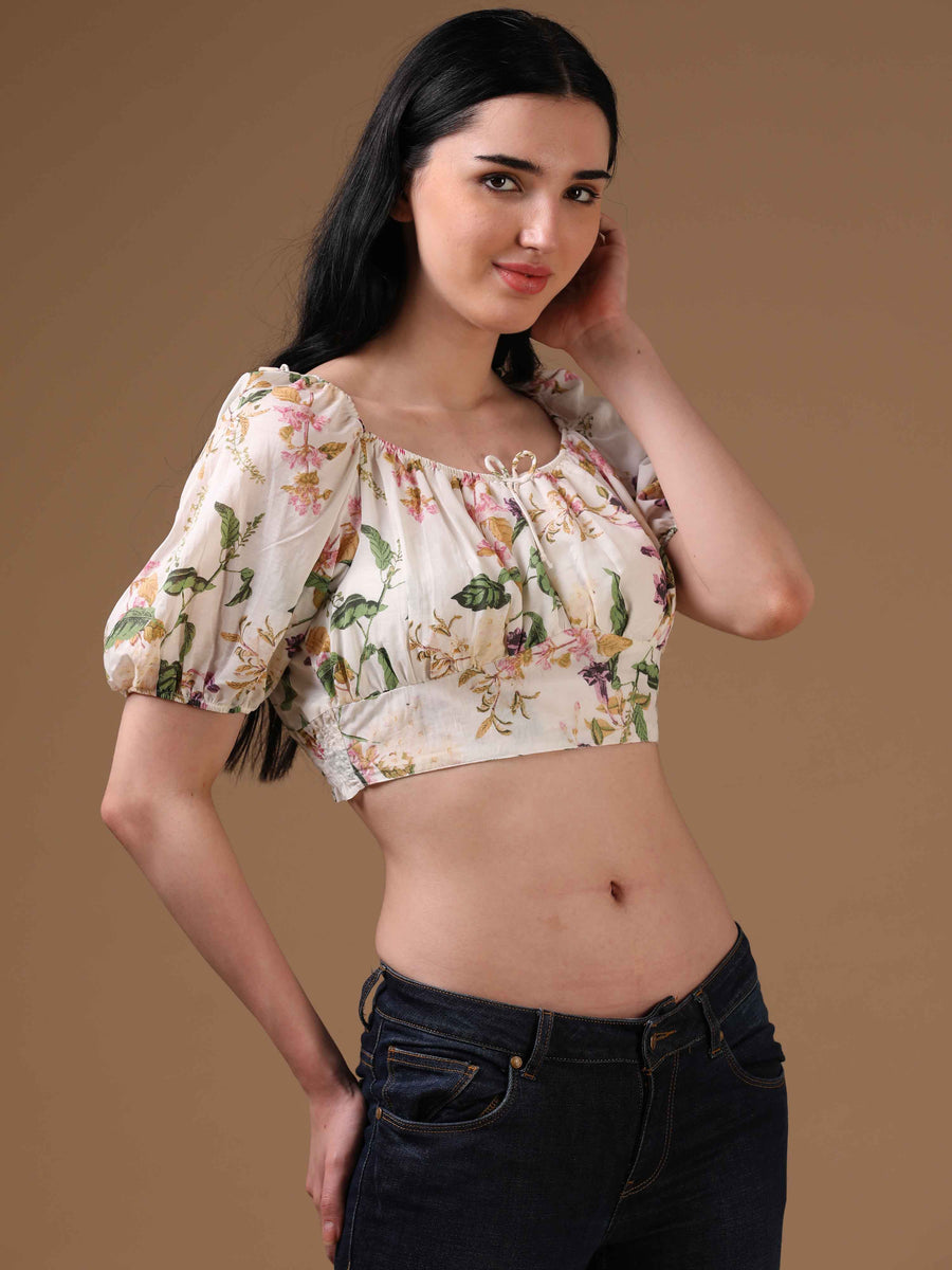 Off-White Elbow Sleeve Floral Print Casual Top