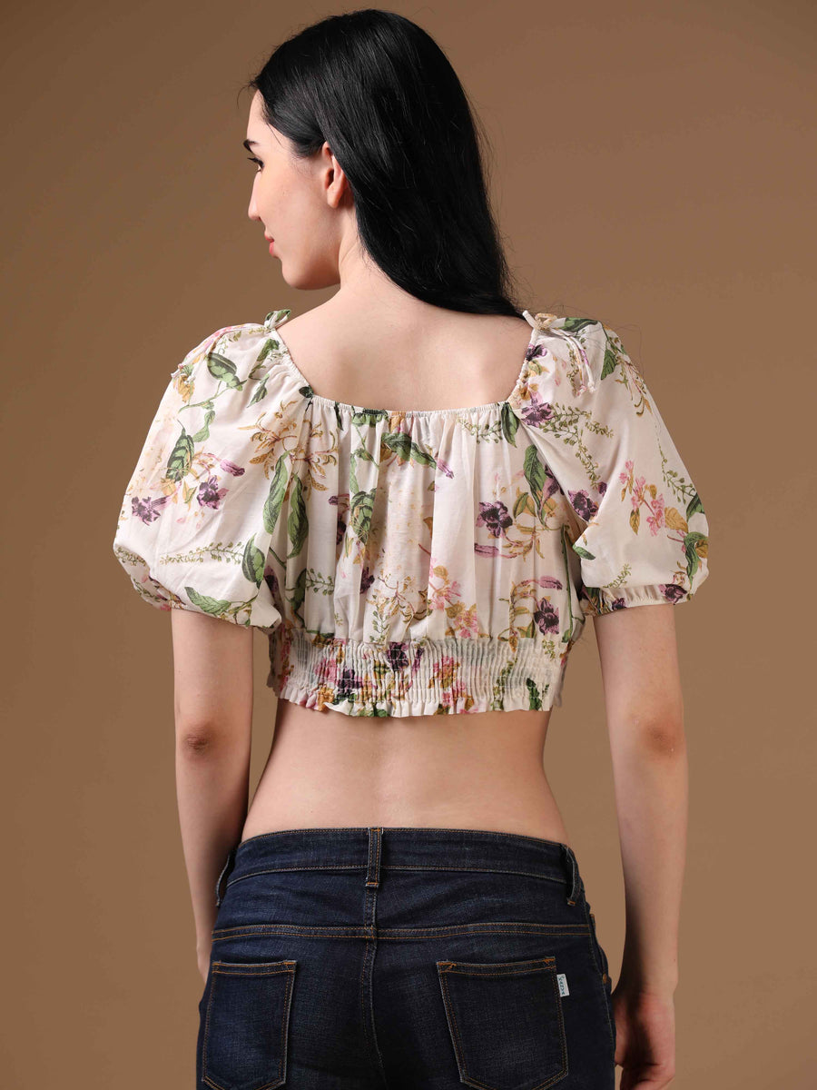 Off-White Elbow Sleeve Floral Print Casual Top