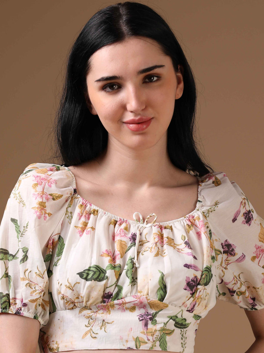 Off-White Elbow Sleeve Floral Print Casual Top