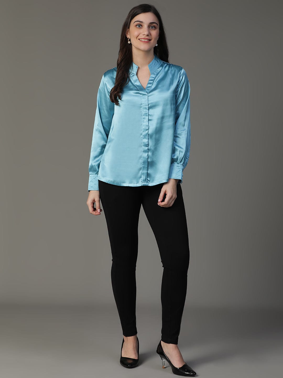 Aqua Bishop Sleeve Party Wear Top