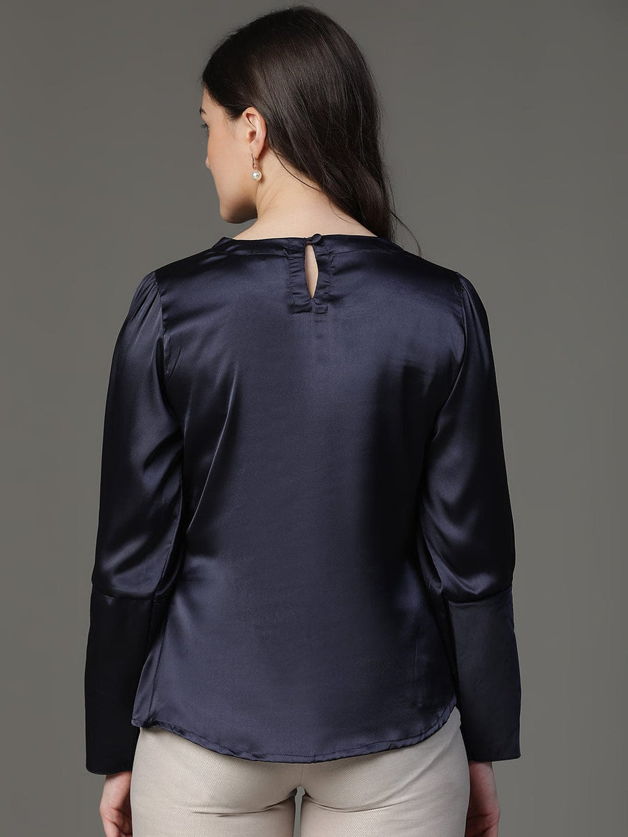 Satin Navy 3/4th Puff Sleeve Party Wear Top