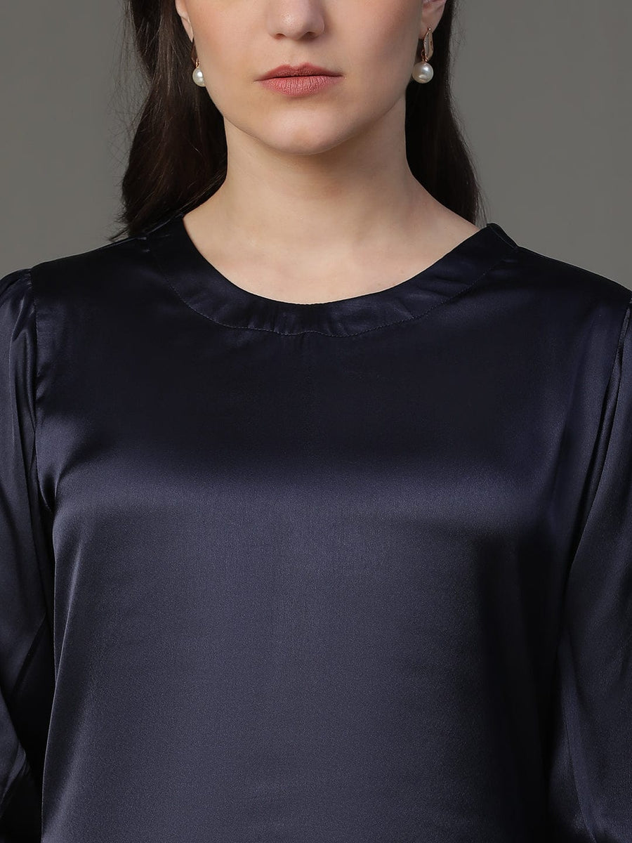 Satin Navy 3/4th Puff Sleeve Party Wear Top