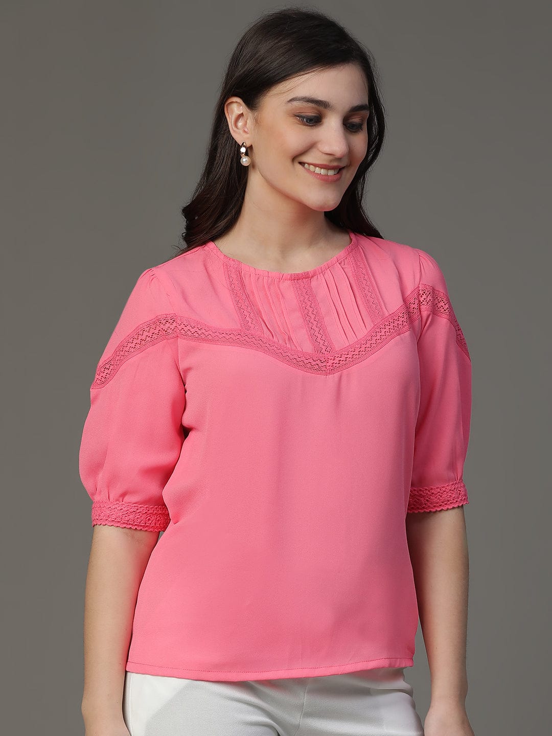 Pink Elbow Sleeve Solid Daily Wear Top