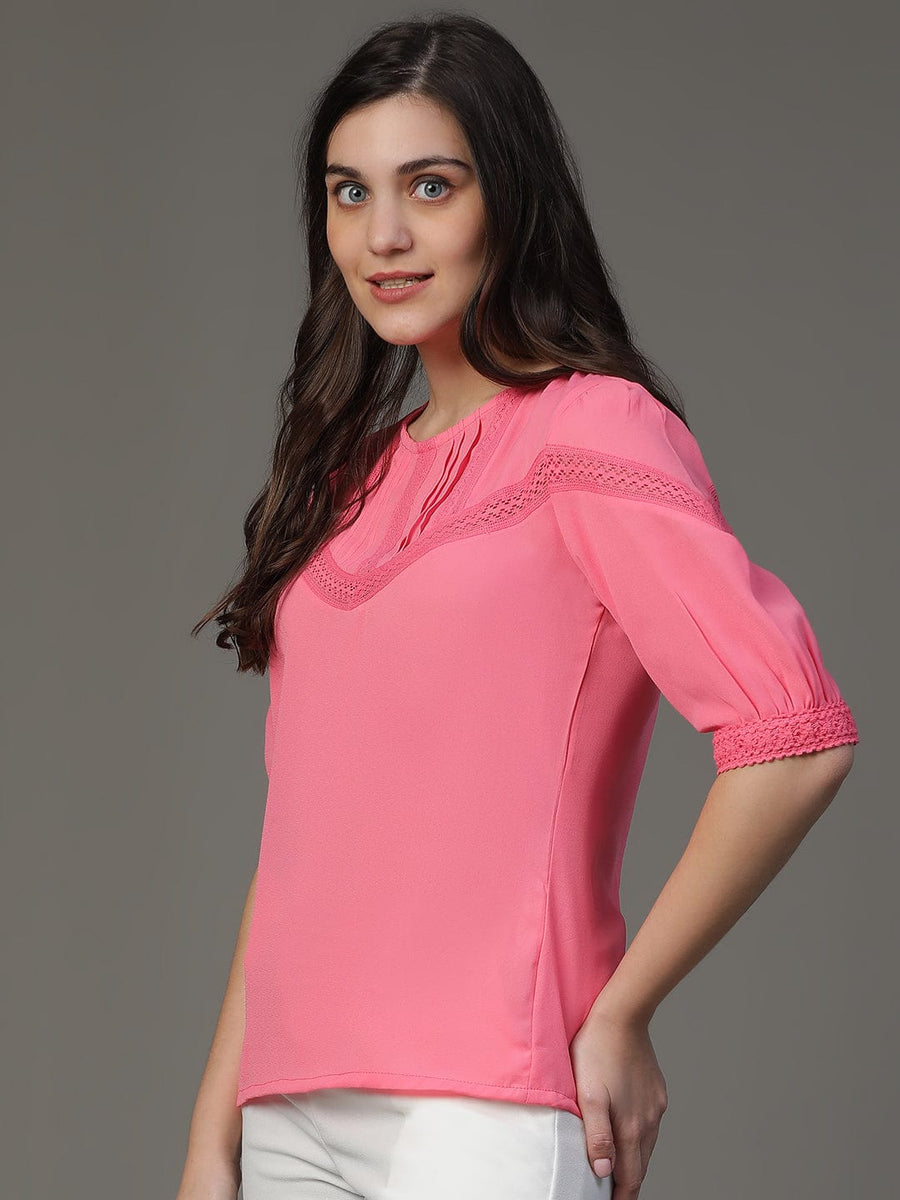 Pink Elbow Sleeve Solid Daily Wear Top